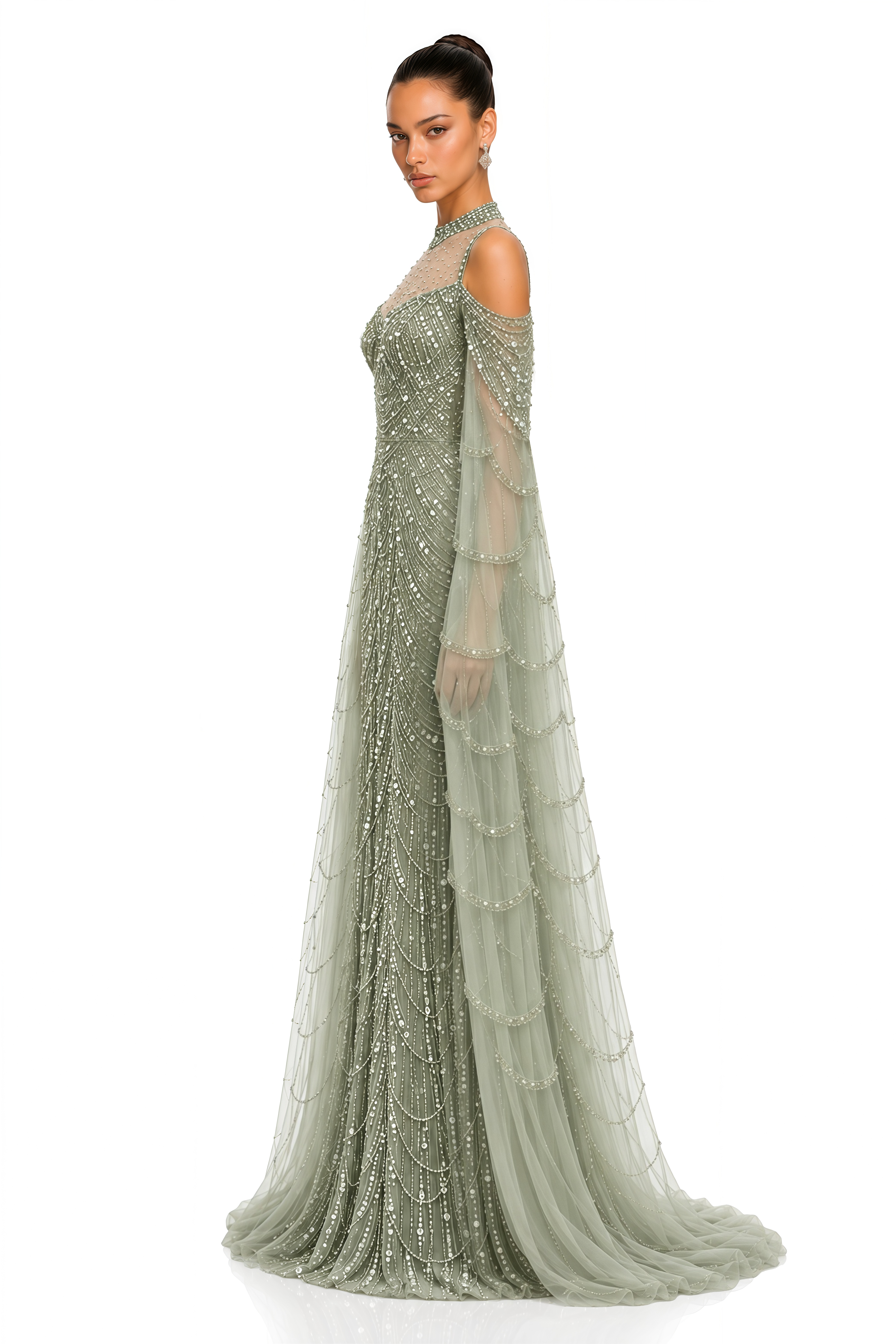 Maisie Sage Green Embellished Cape Sleeve Maxi Gown