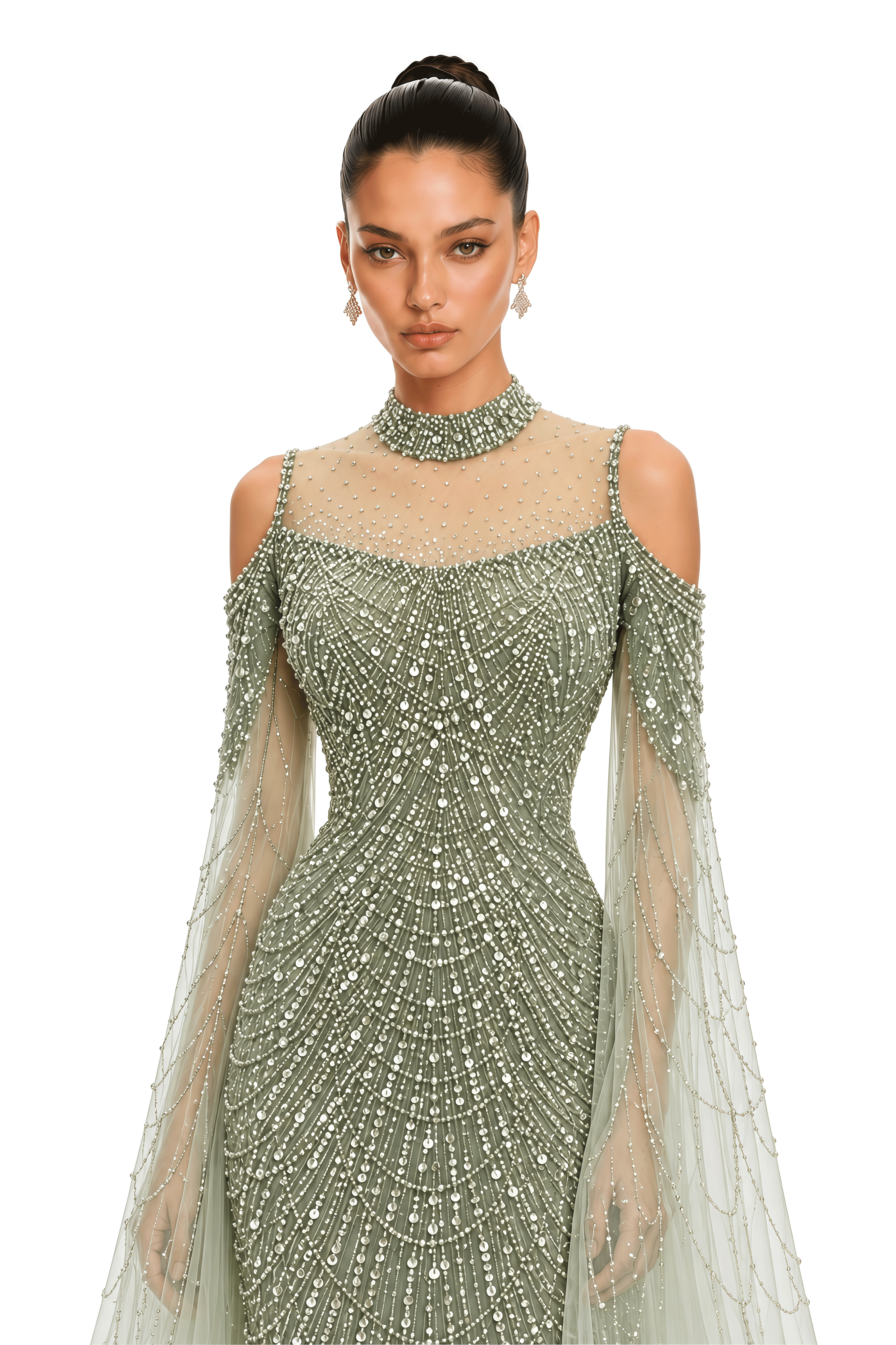 Maisie Sage Green Embellished Cape Sleeve Maxi Gown