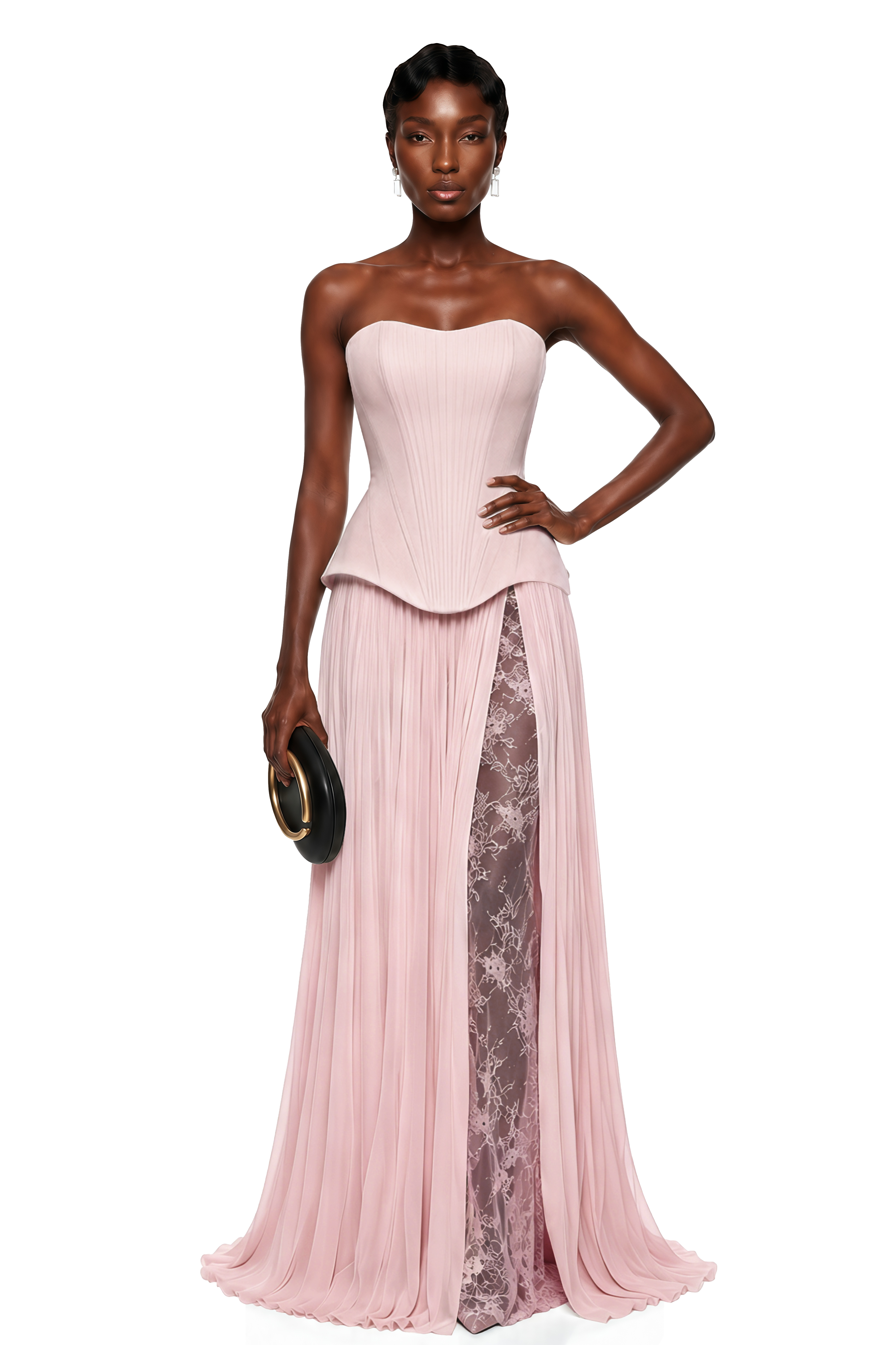 Maisie Pink Corset Pleated Maxi Dress with Lace Panels