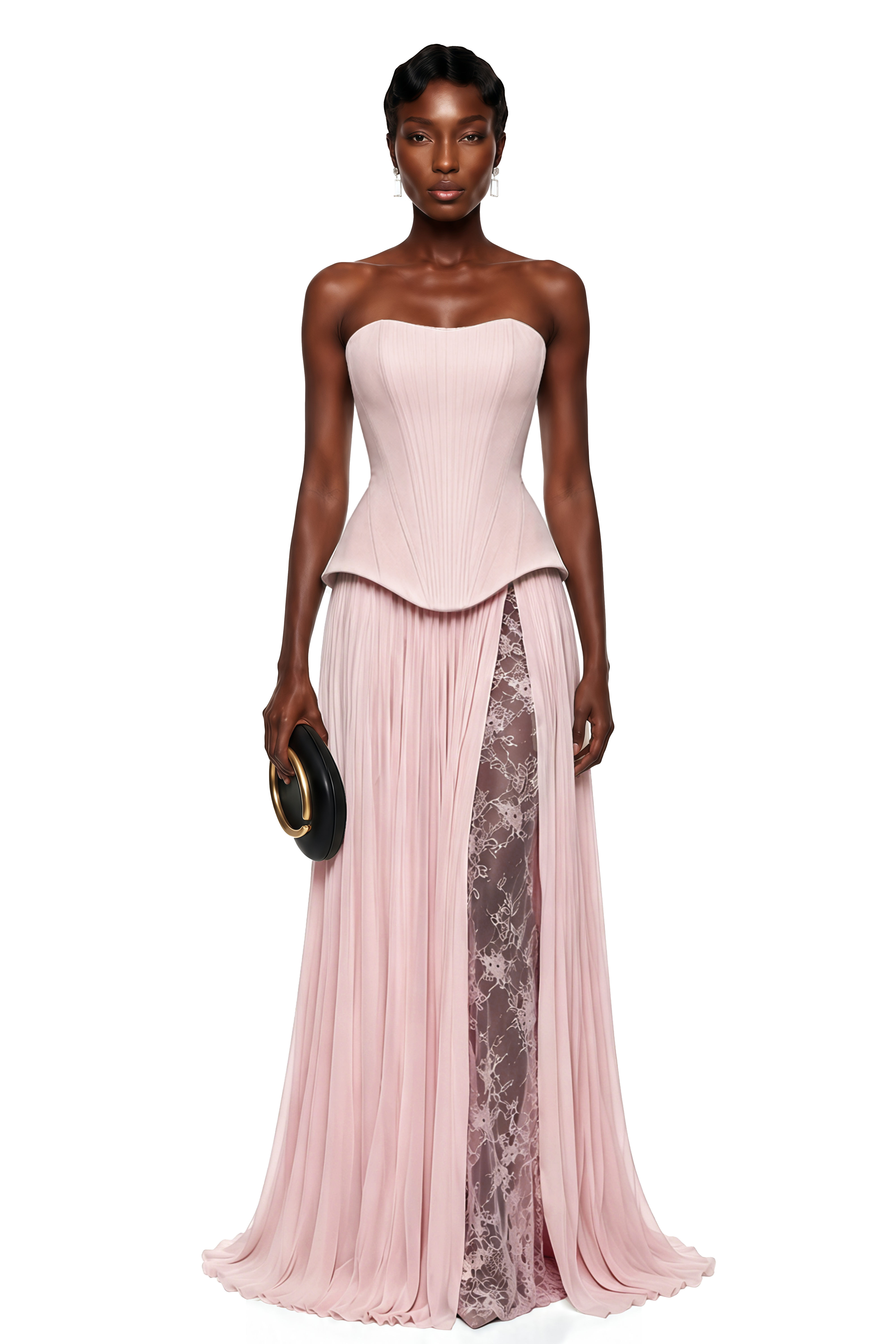 Maisie Pink Corset Pleated Maxi Dress with Lace Panels