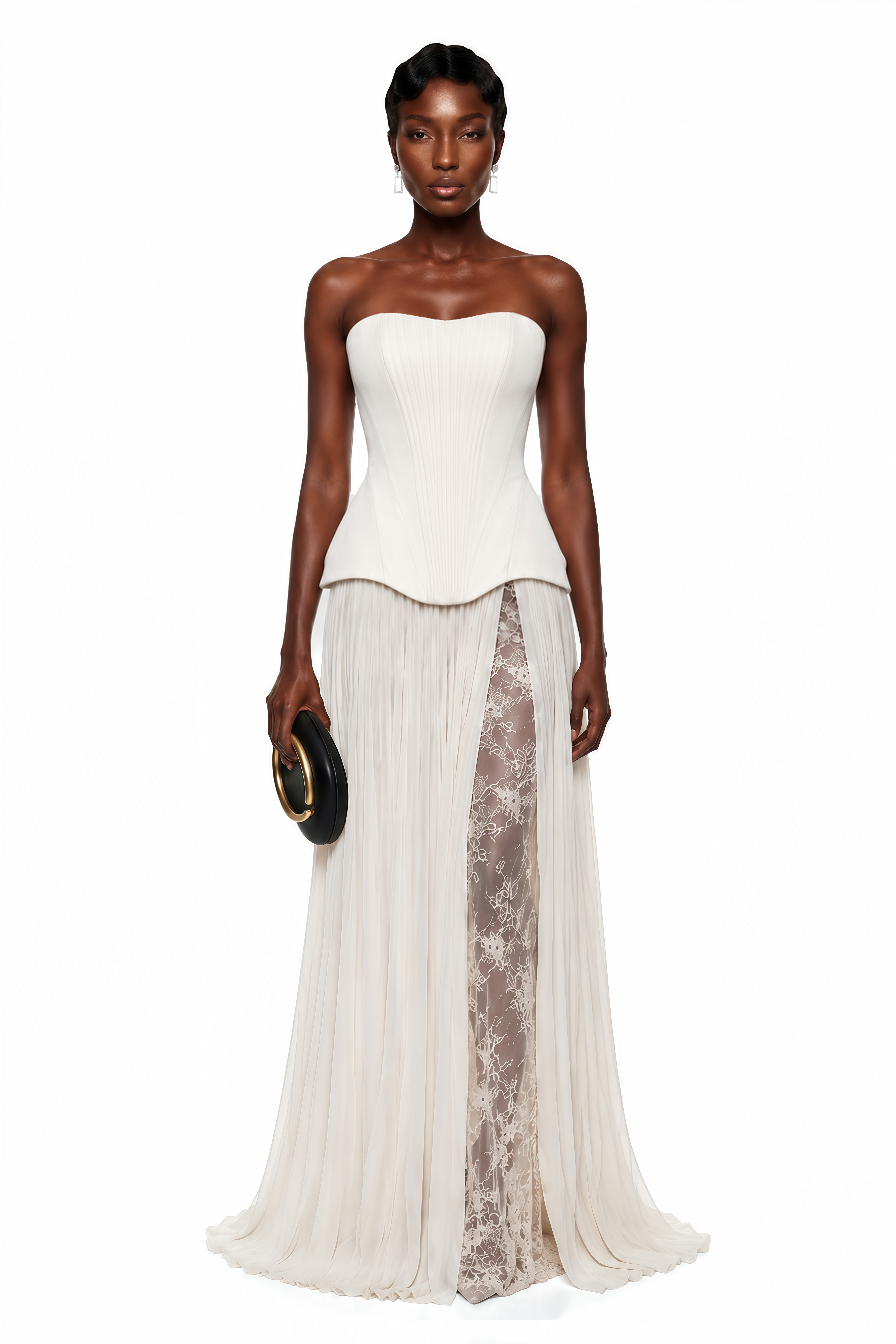 Maisie White Corset Pleated Maxi Dress with Lace Panels – Miss