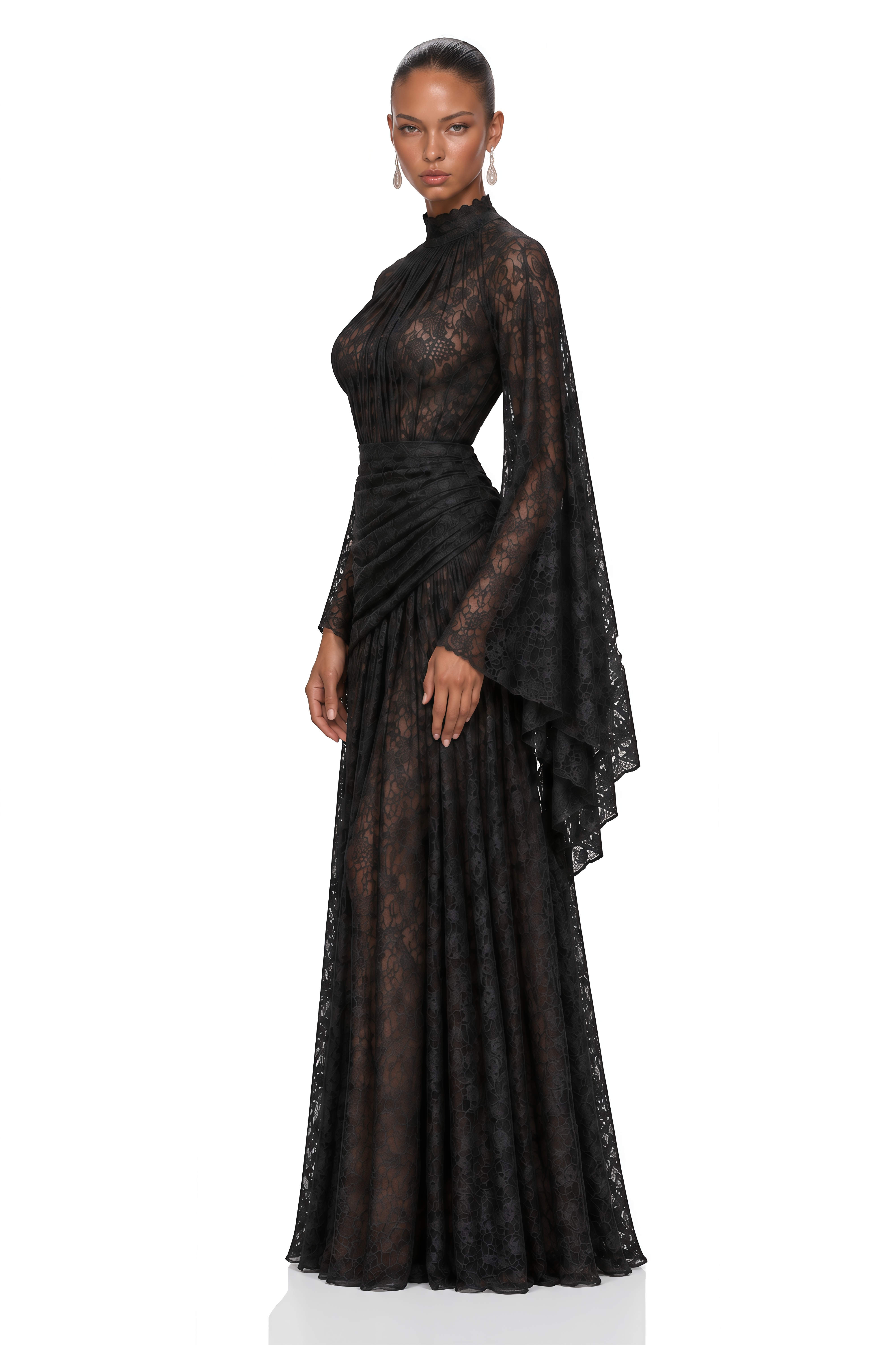 Malina Black High Neck Draped Lace Maxi Dress