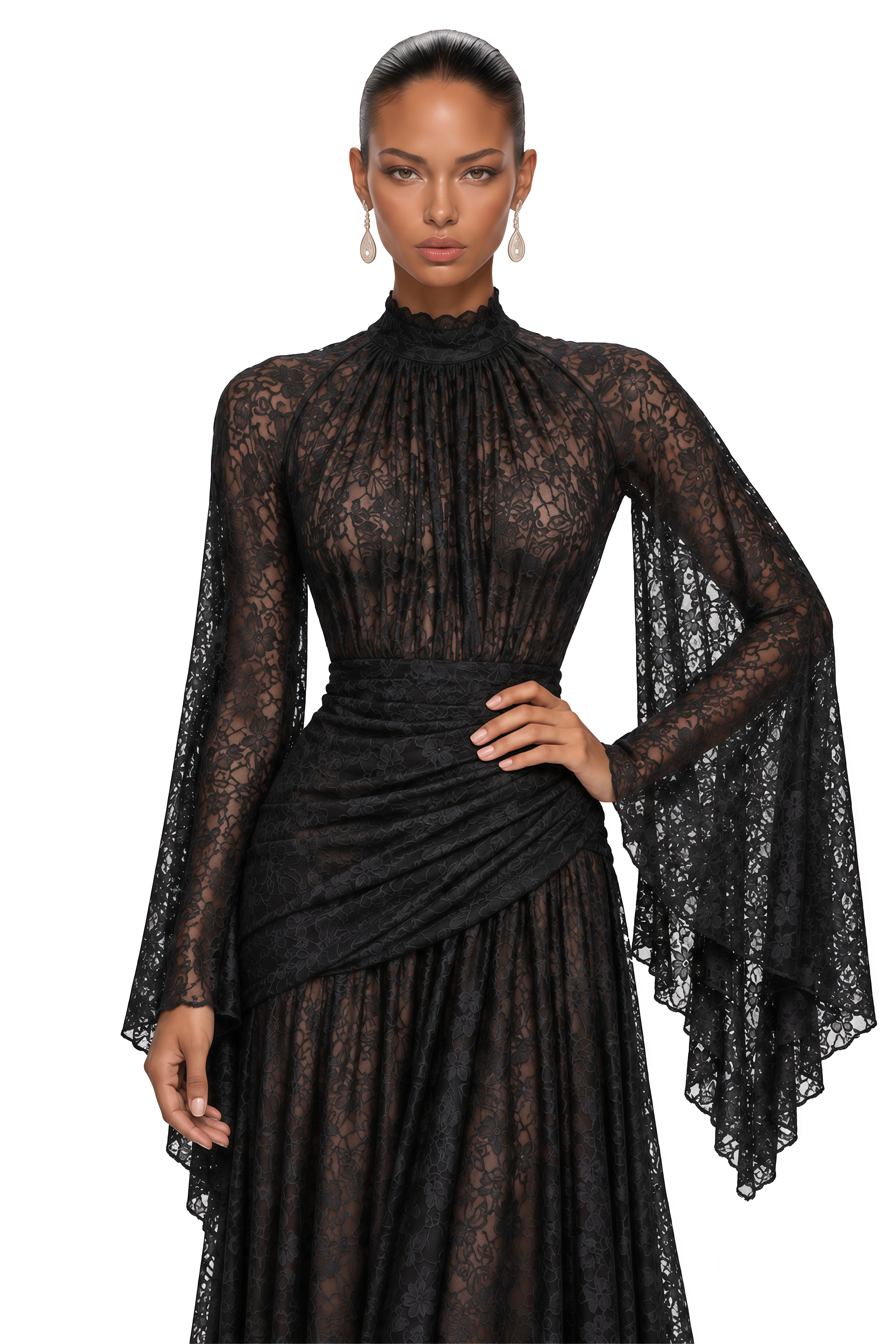 Malina Black High Neck Draped Lace Maxi Dress