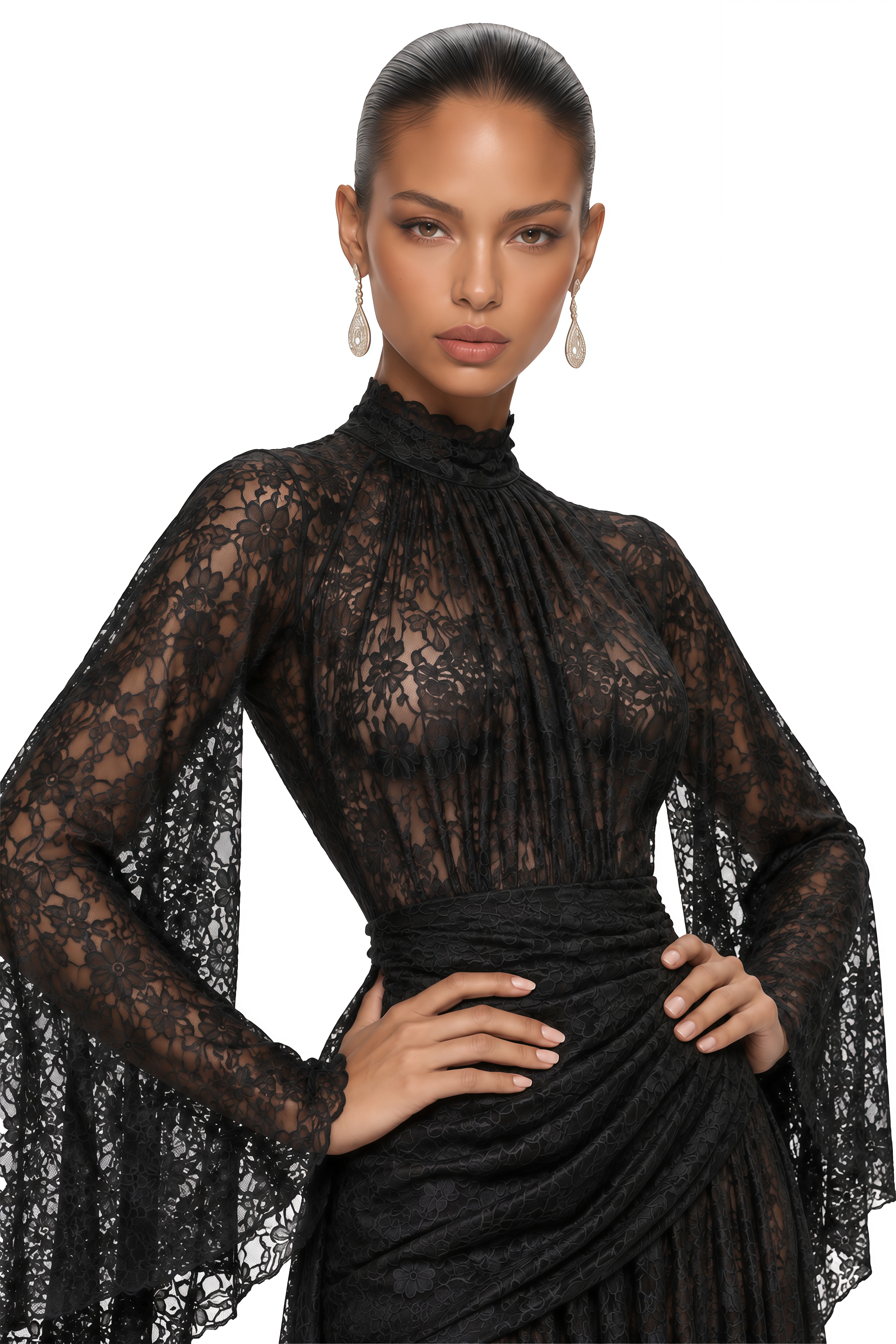 Malina Black High Neck Draped Lace Maxi Dress