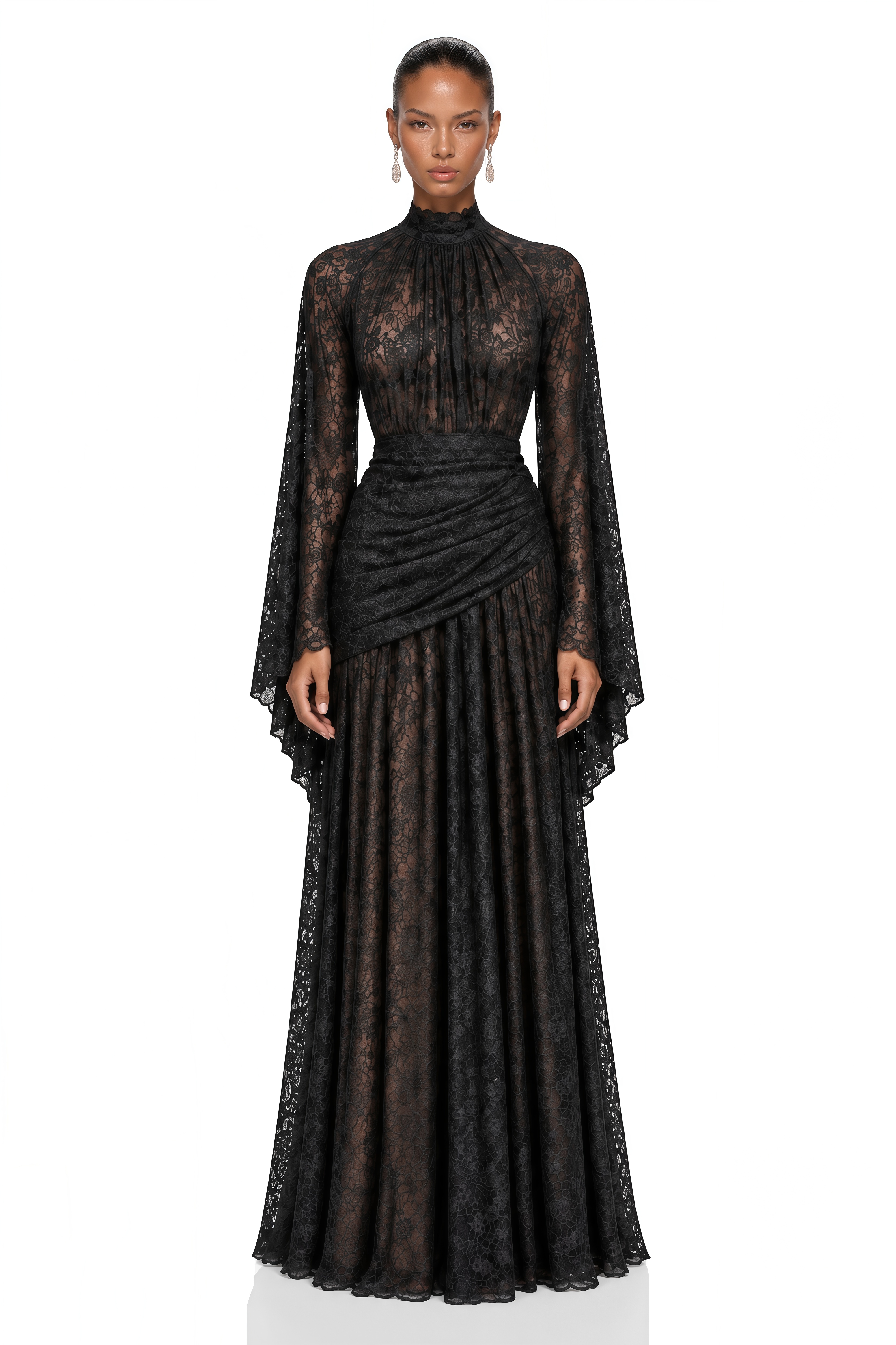 Malina Black High Neck Draped Lace Maxi Dress