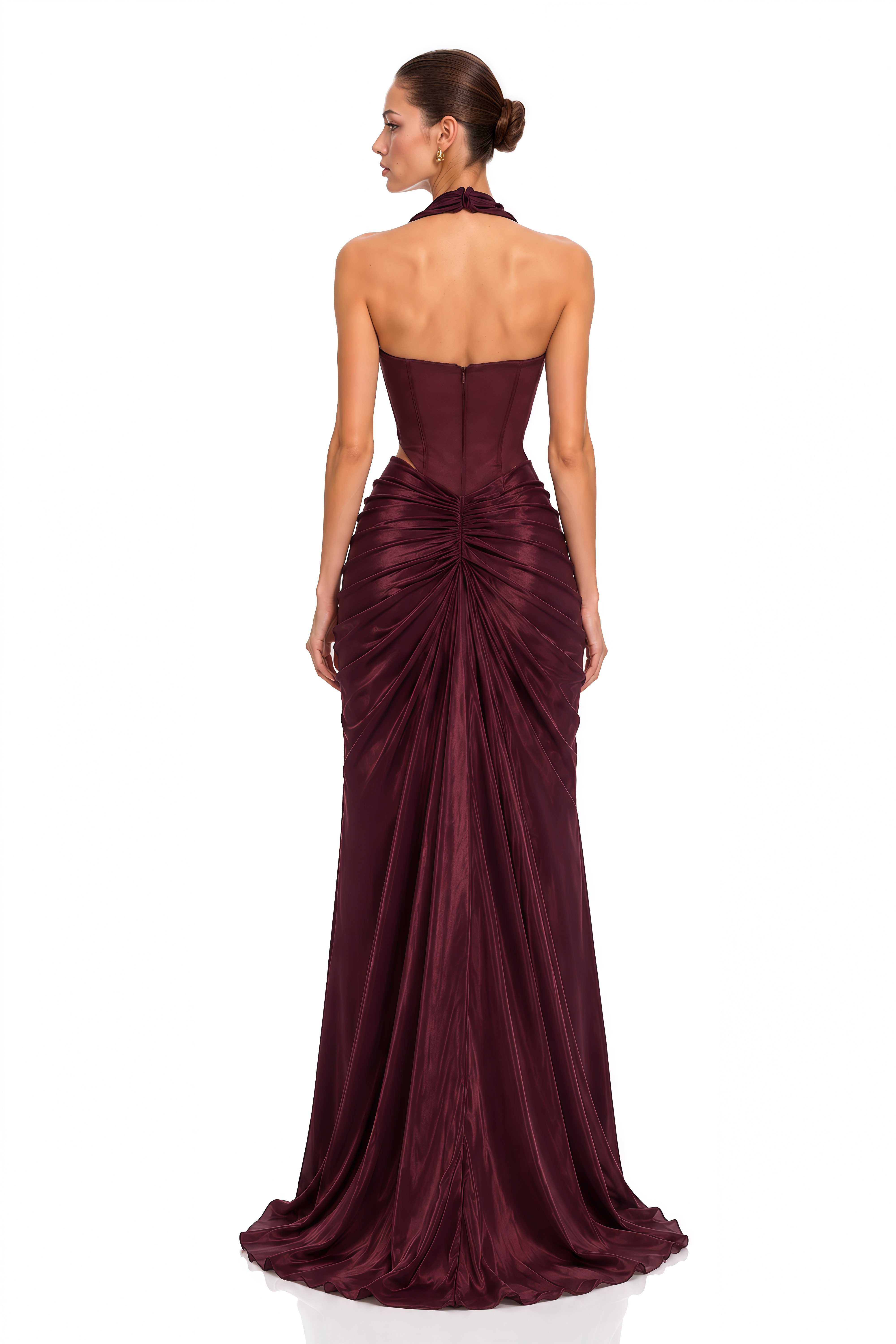 Malky Burgundy Sculptural Ruffle Halterneck Maxi Dress