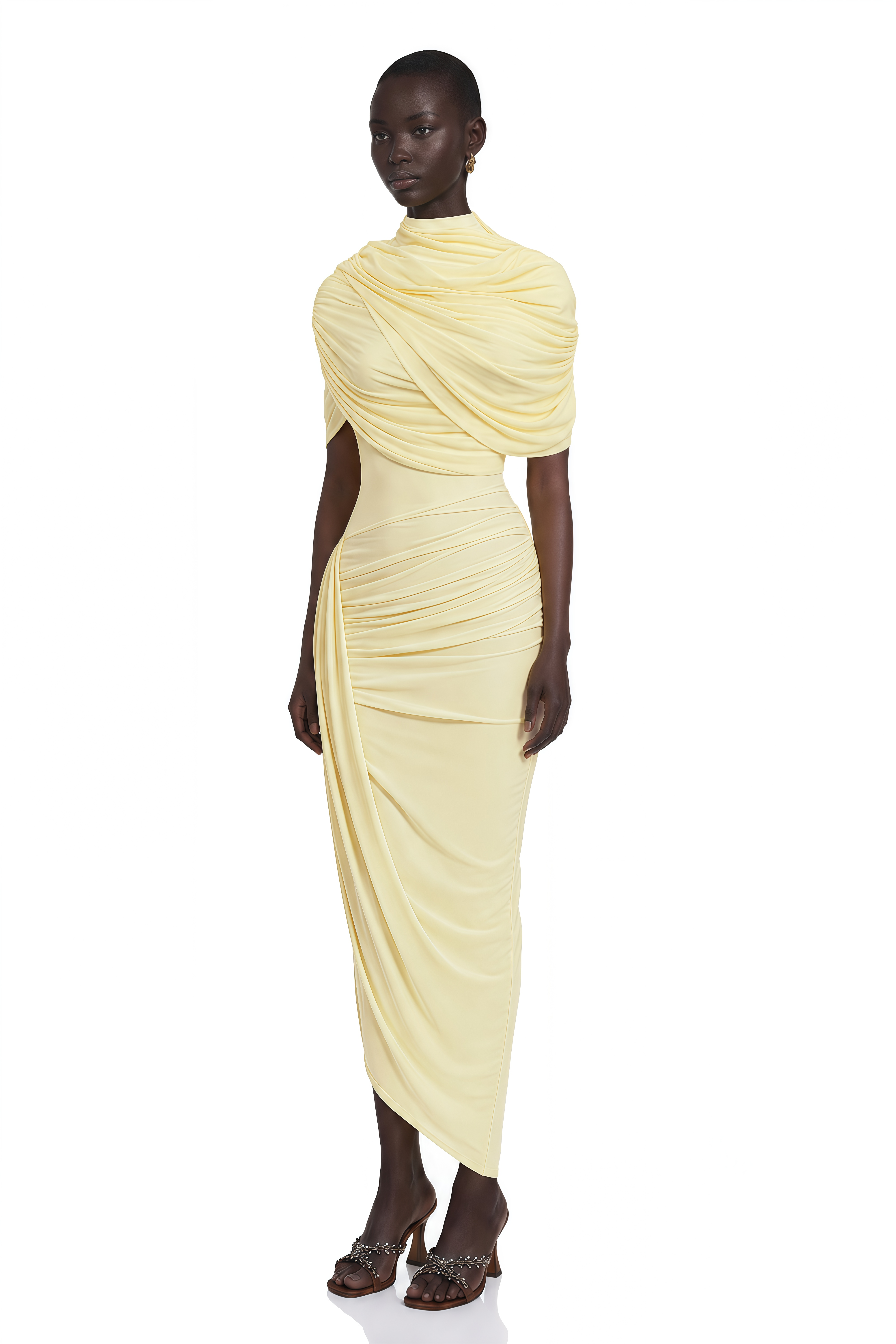 Manuela Yellow Asymmetrical Cape Midi Dress