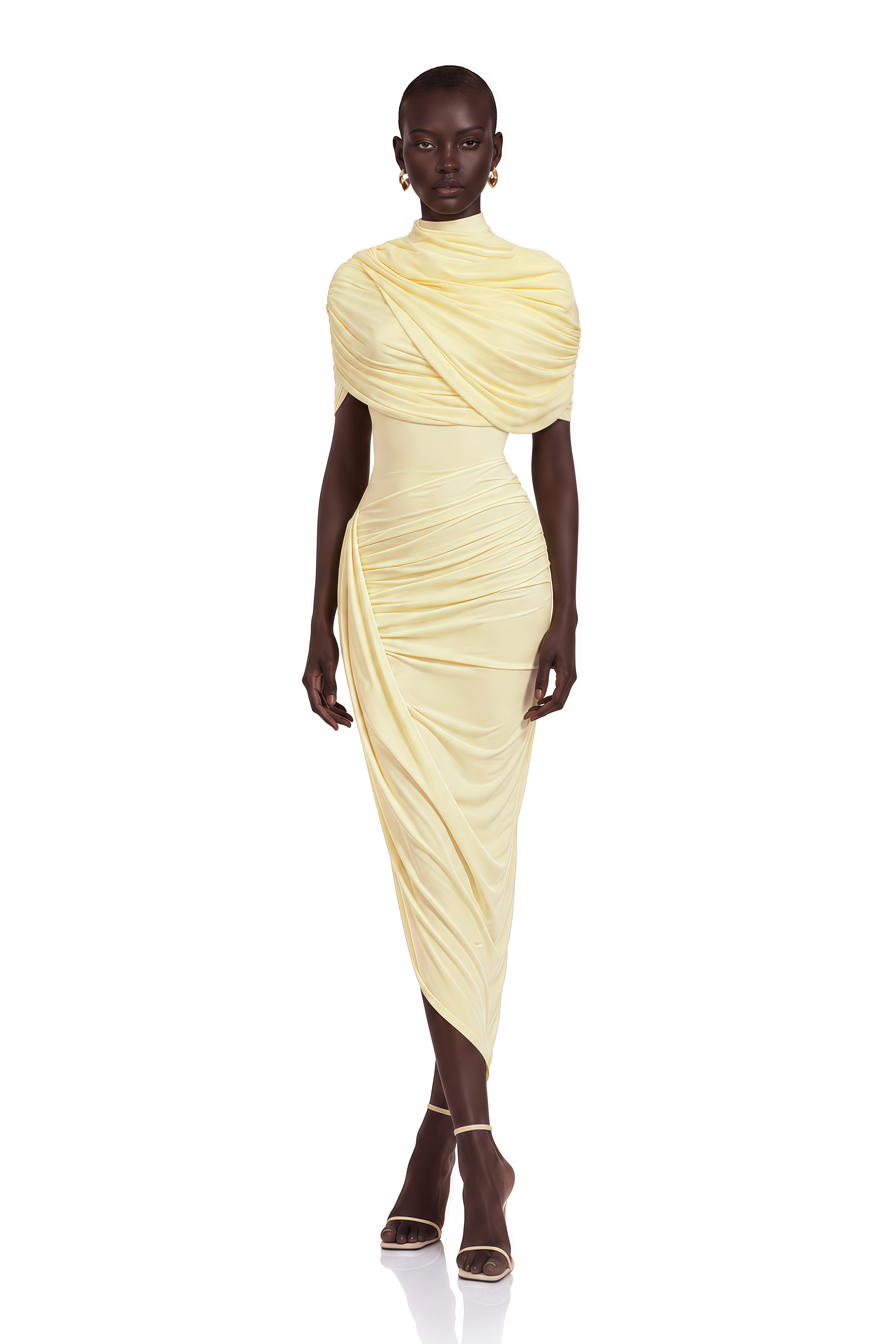 Manuela Yellow Asymmetrical Cape Midi Dress