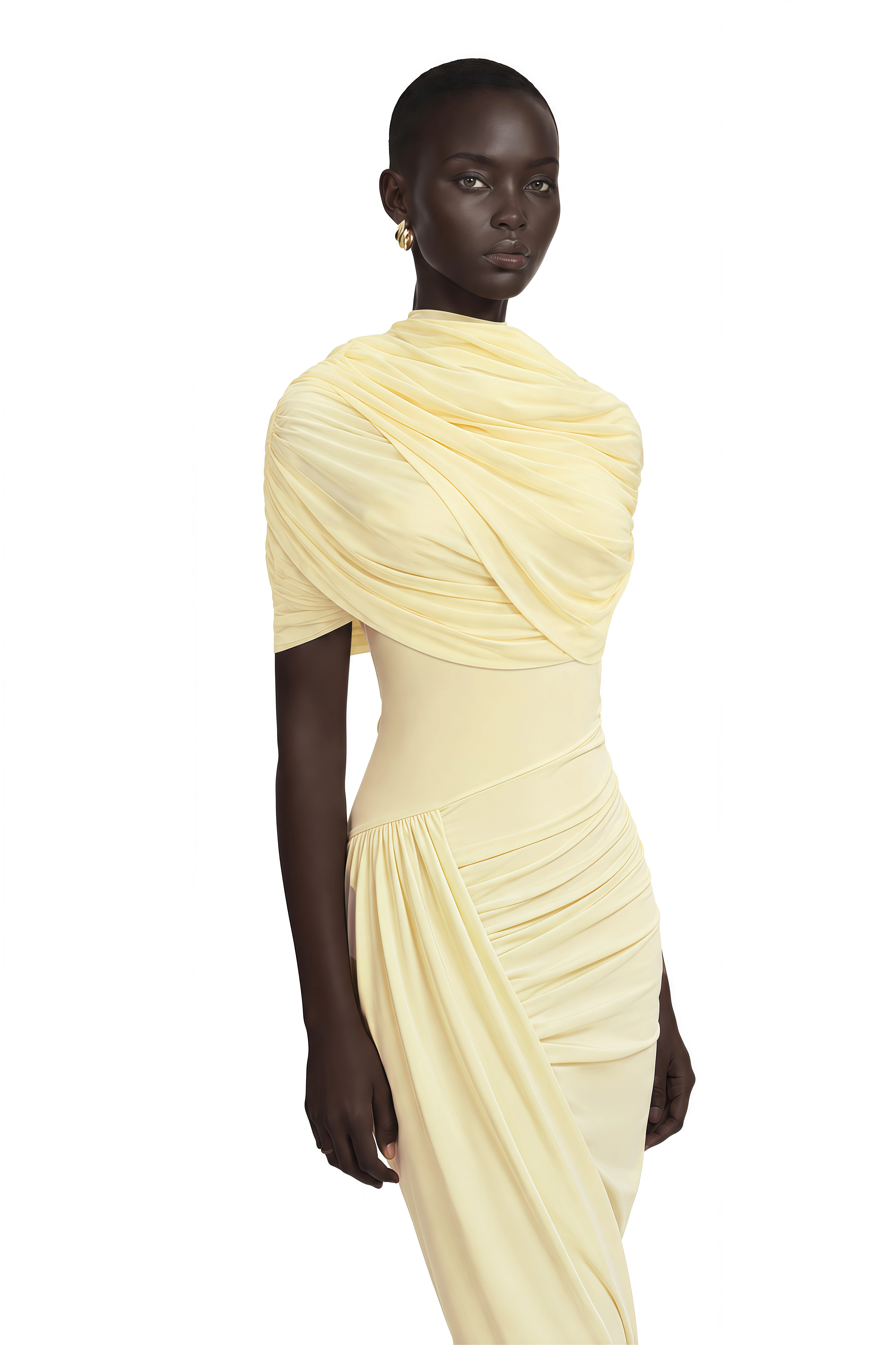Manuela Yellow Asymmetrical Cape Midi Dress
