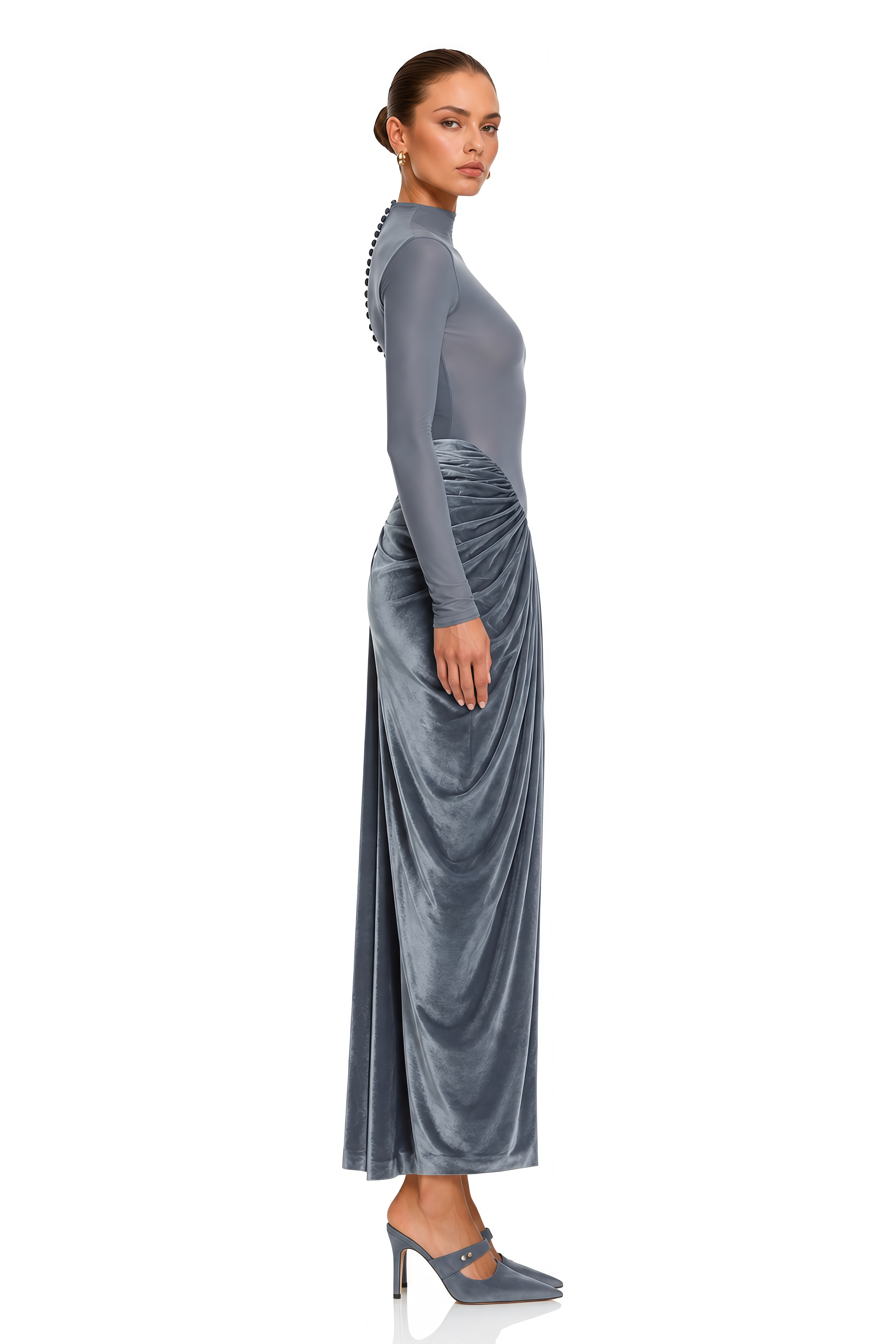 Marcelina Grey High Neck Long Sleeve Ruched Slit Maxi Dress