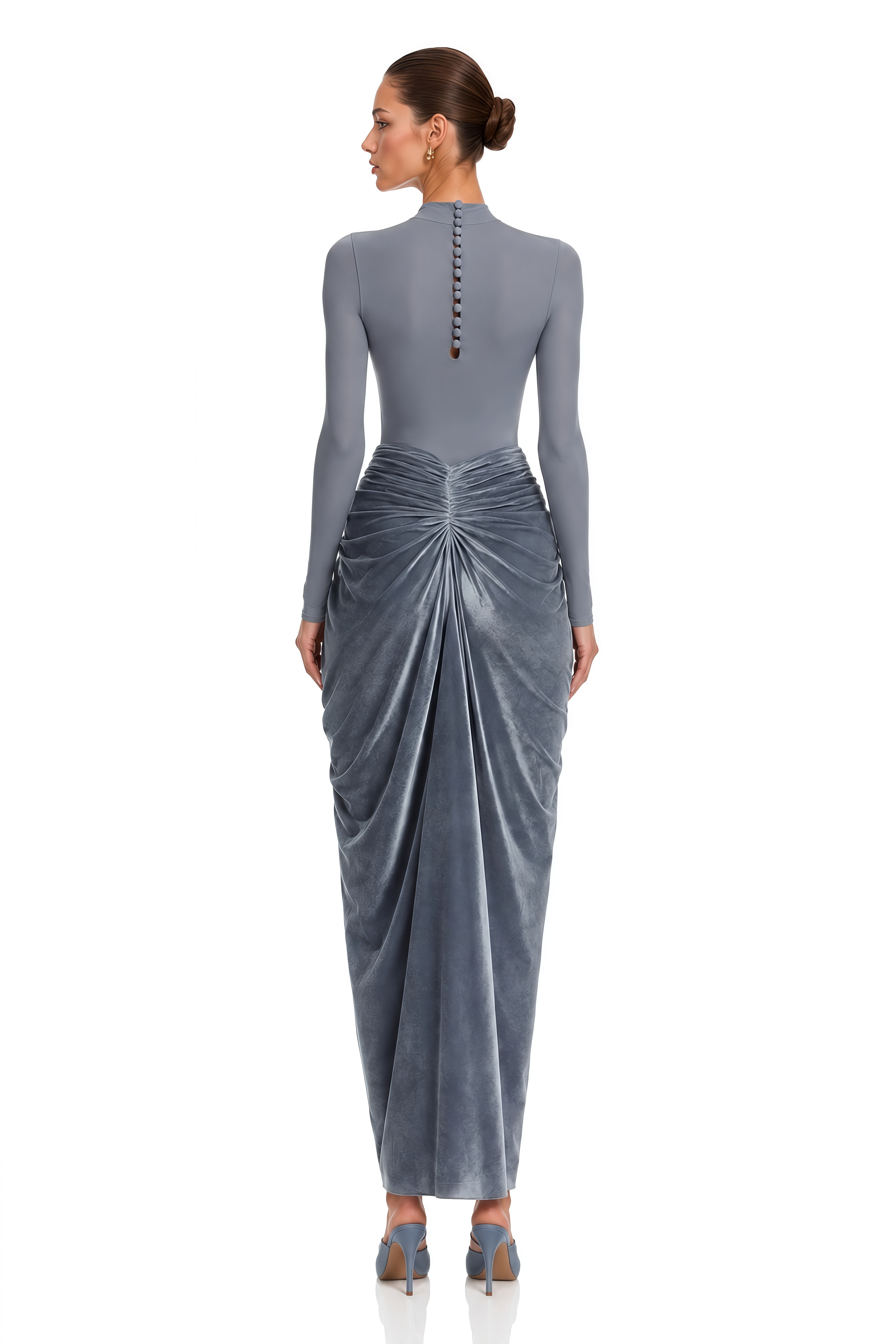 Marcelina Grey High Neck Long Sleeve Ruched Slit Maxi Dress
