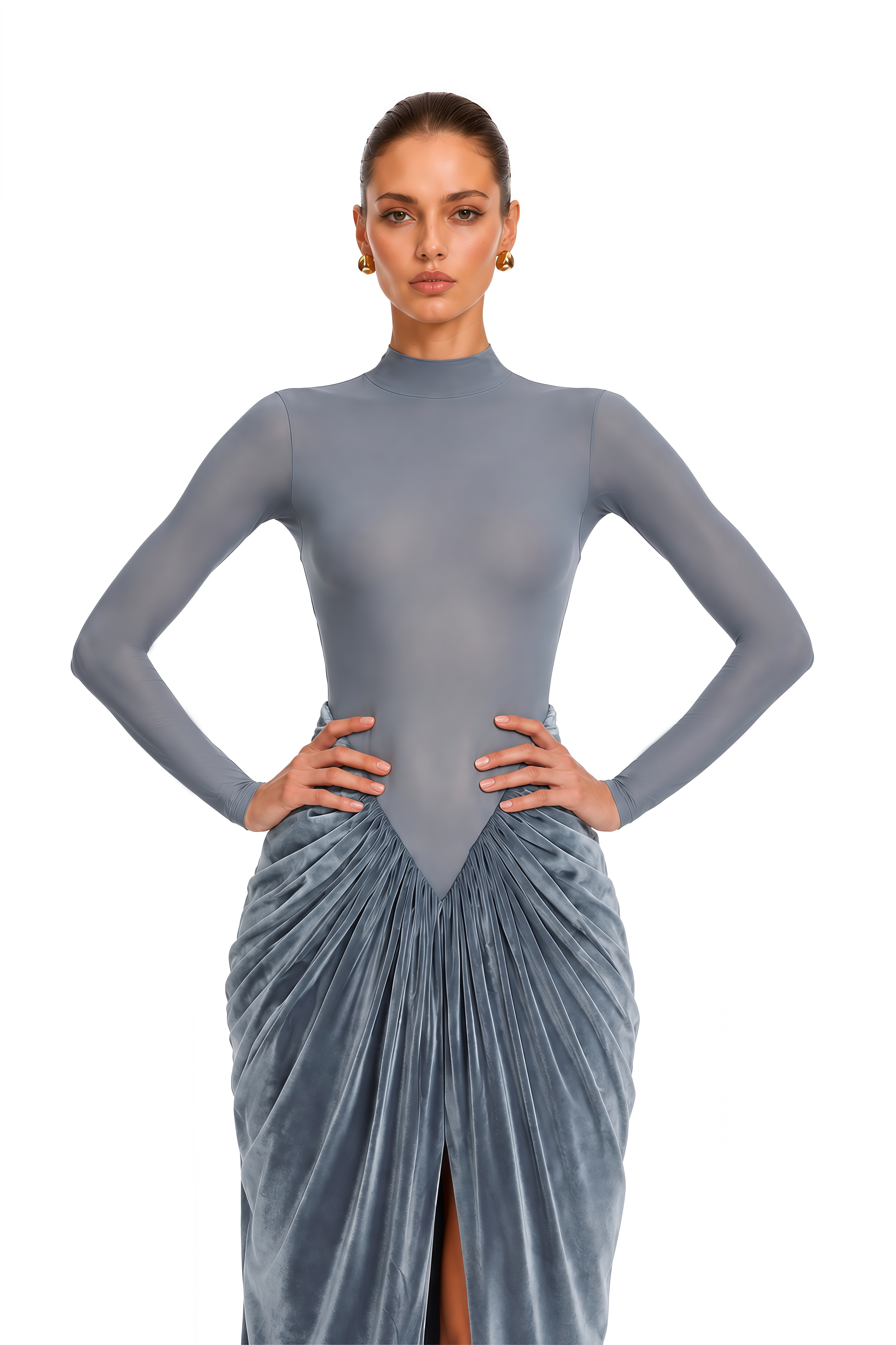Marcelina Grey High Neck Long Sleeve Ruched Slit Maxi Dress