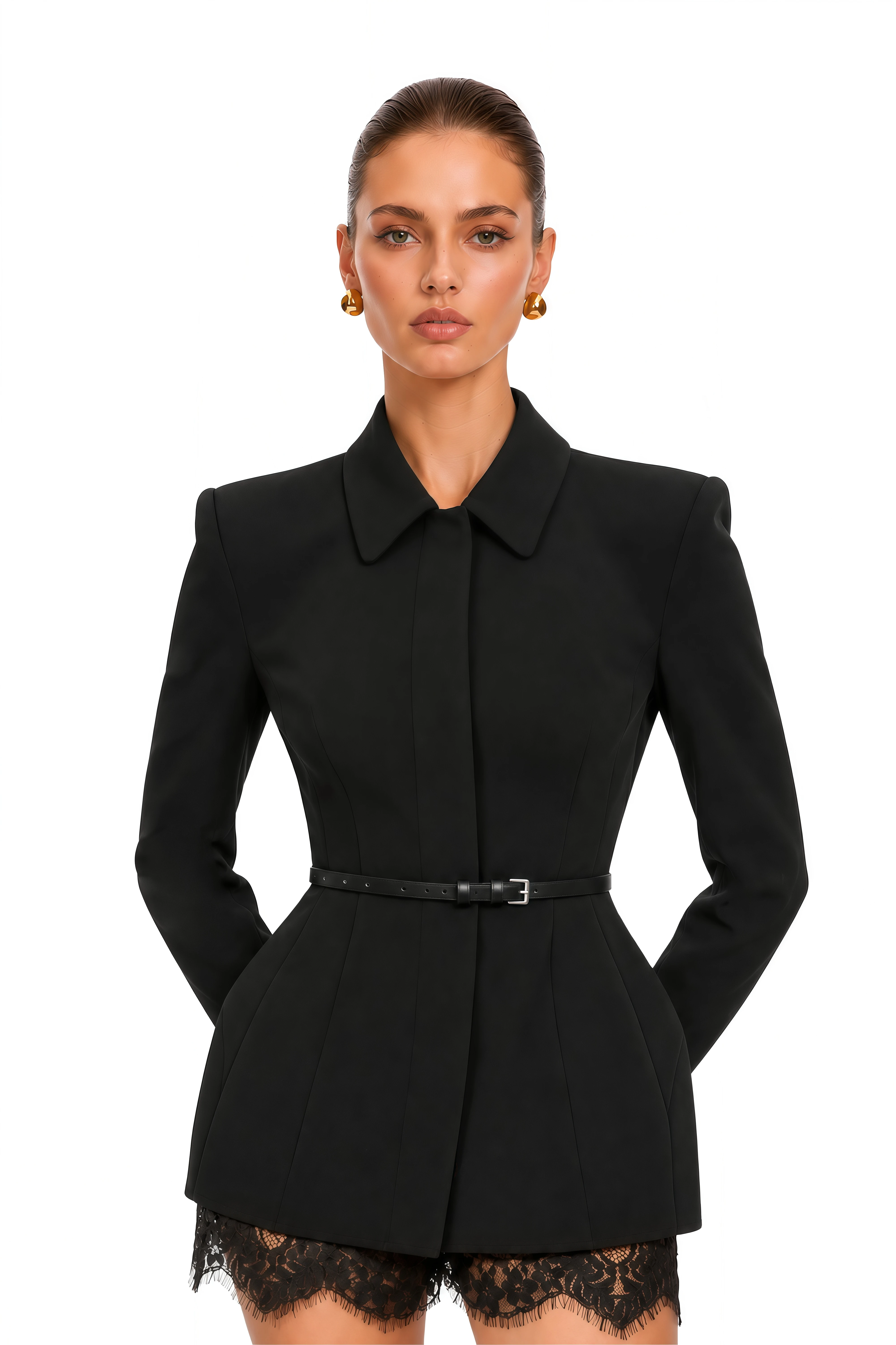 Marceline Black Belted Blazer Mini Dress with Lace Trim