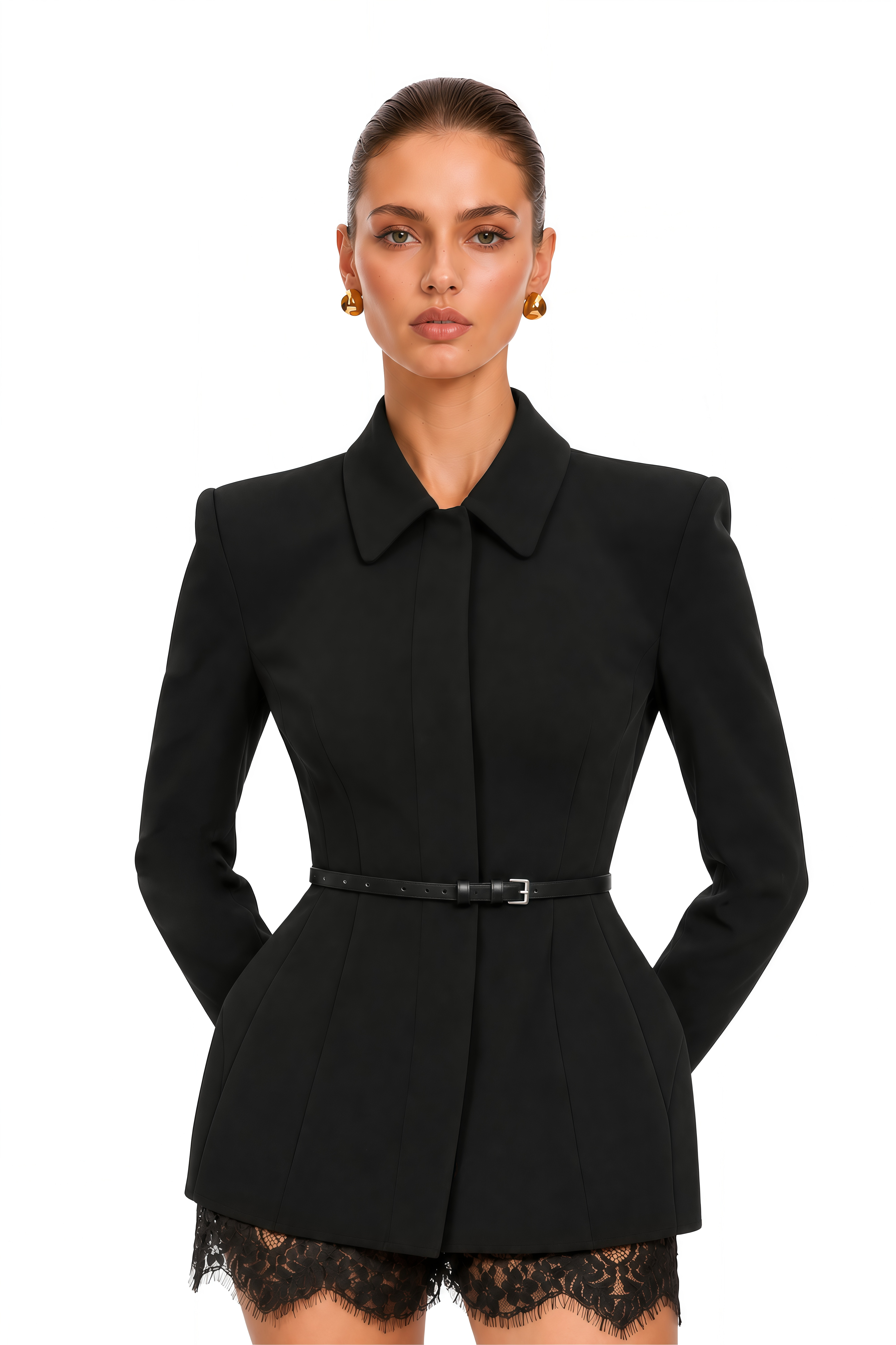 Marceline Black Belted Blazer Mini Dress with Lace Trim