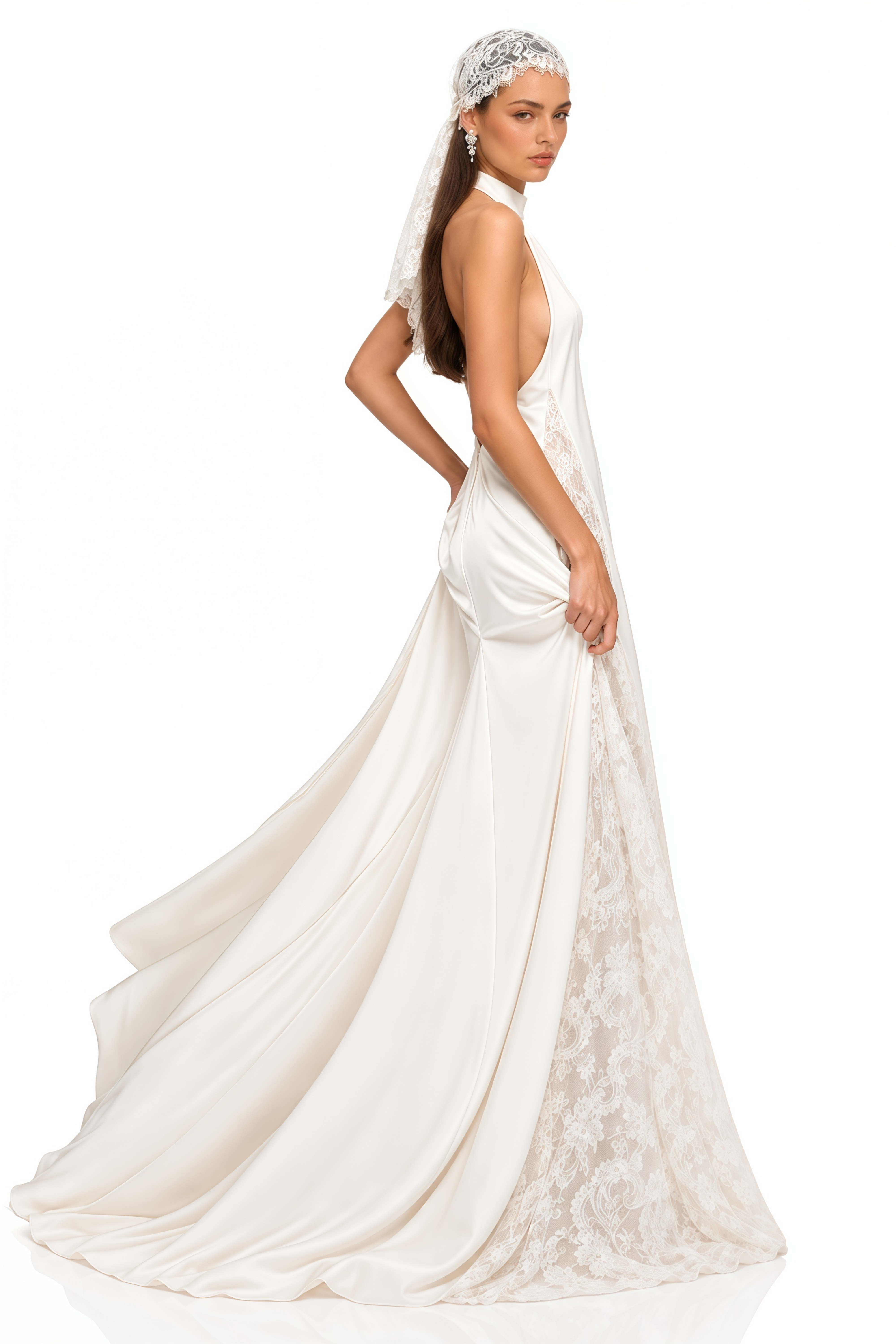Marceline White Lace-Panelled Draped Backless Maxi Dress