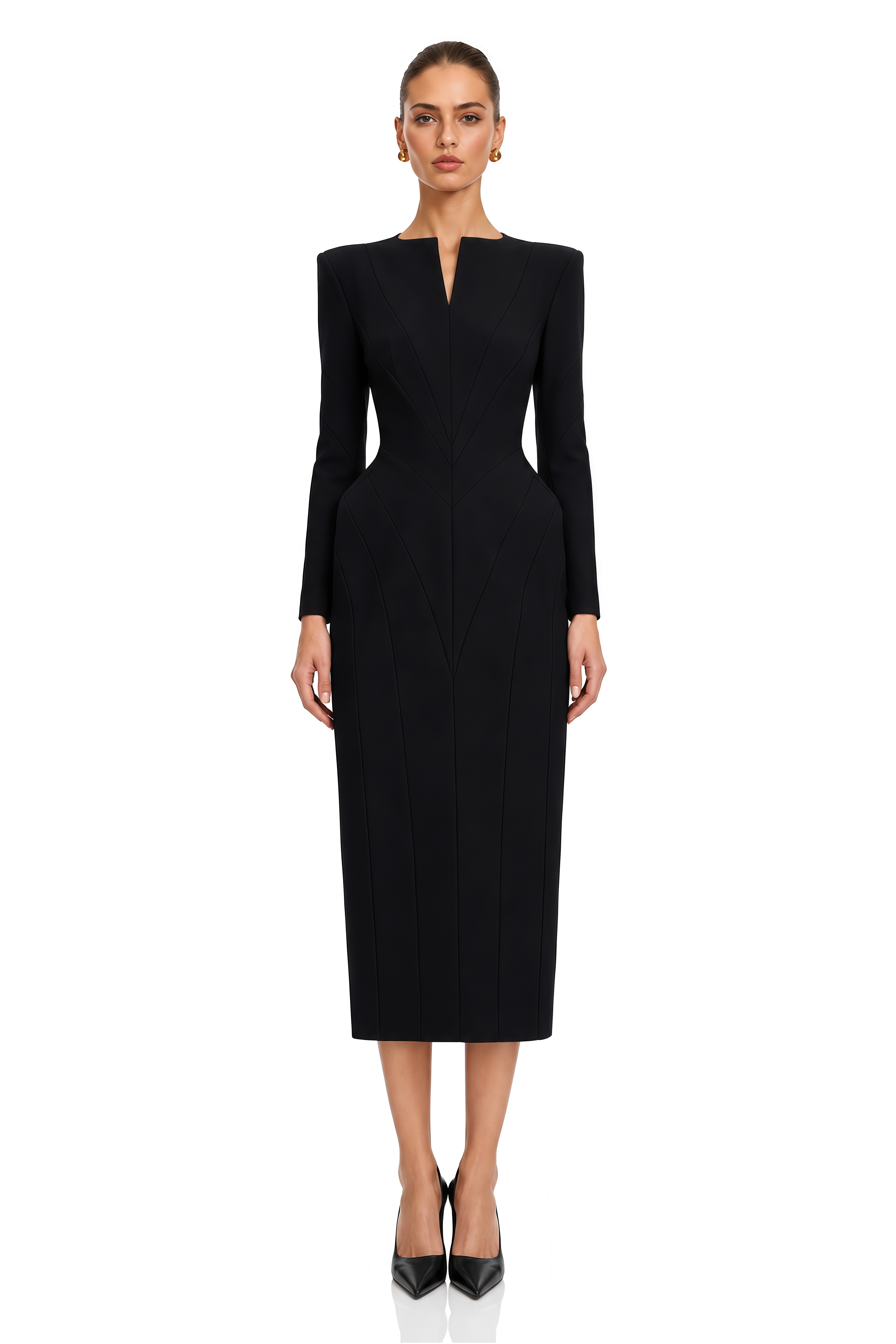 Marcella Black Sculpted Waist Long Sleeve Midi Dress
