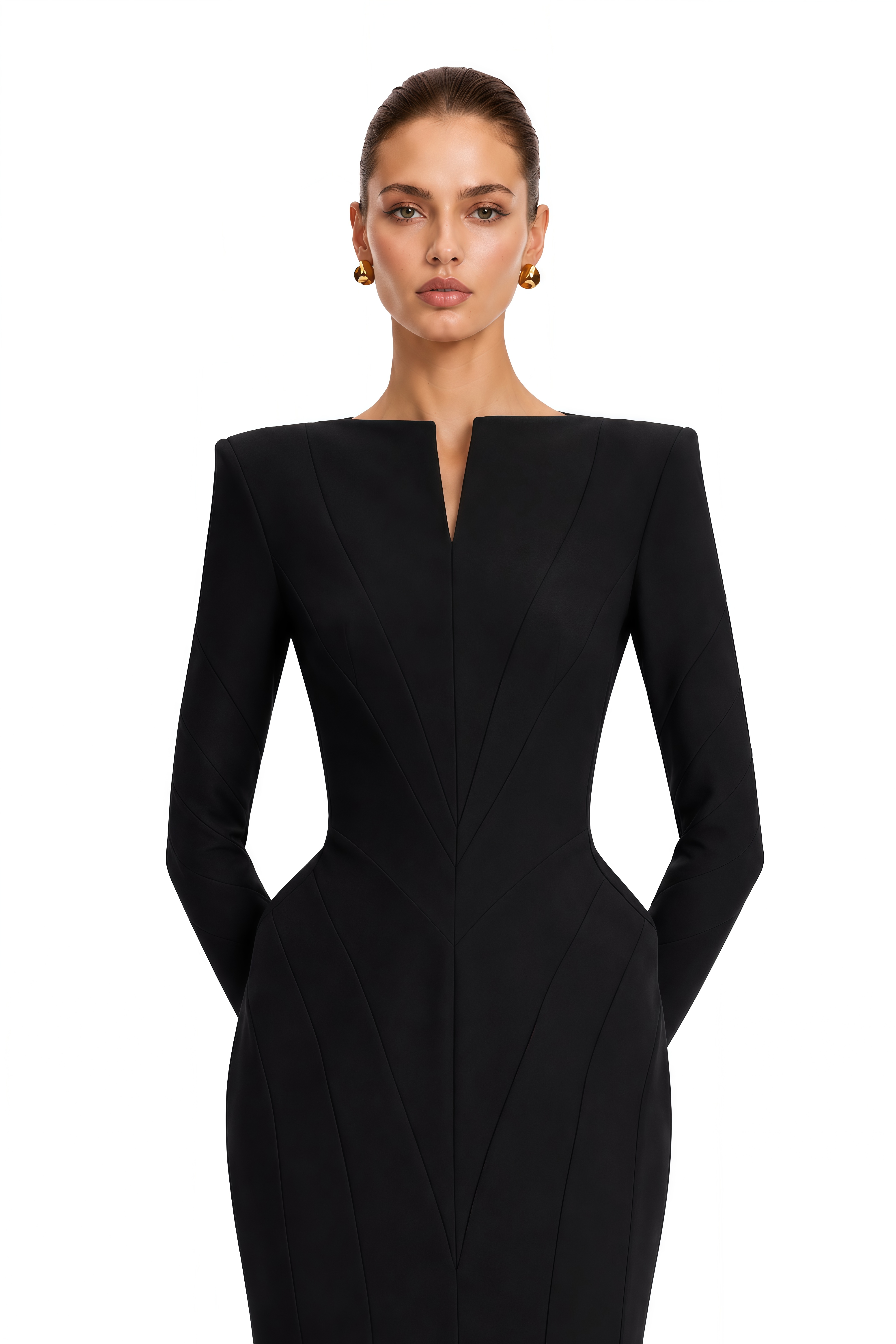 Marcella Black Sculpted Waist Long Sleeve Midi Dress