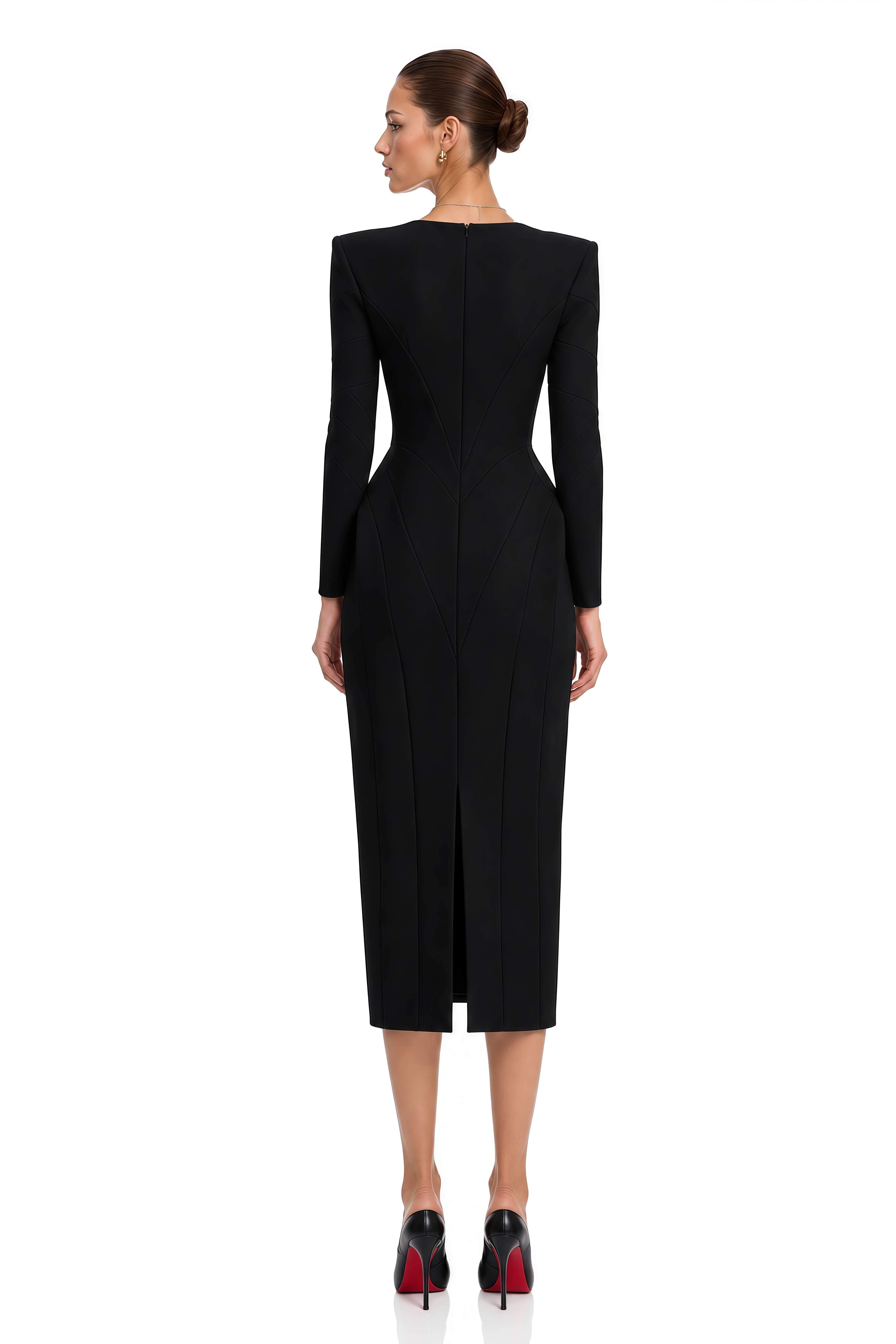 Marcella Black Sculpted Waist Long Sleeve Midi Dress