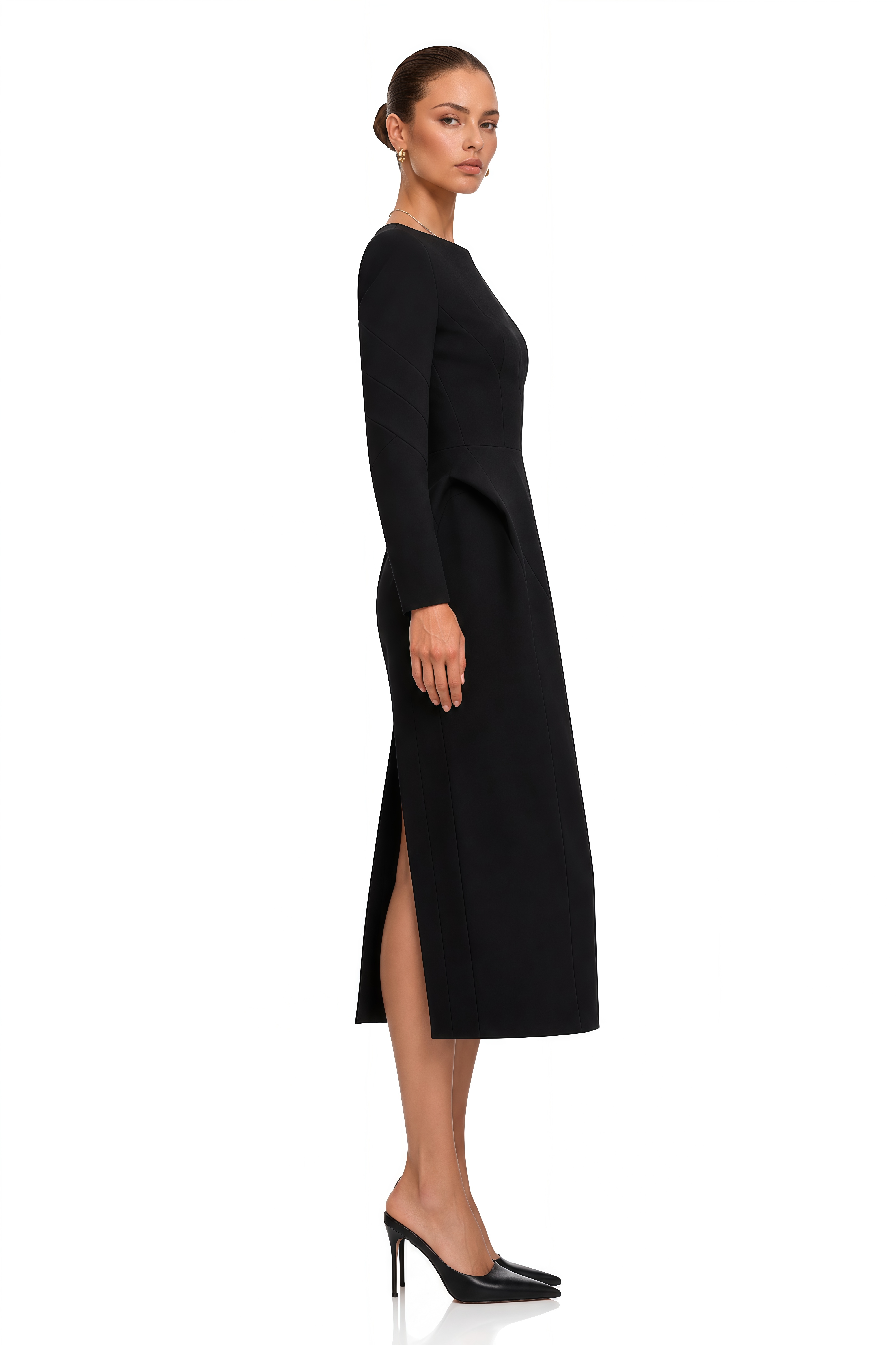 Marcella Black Sculpted Waist Long Sleeve Midi Dress