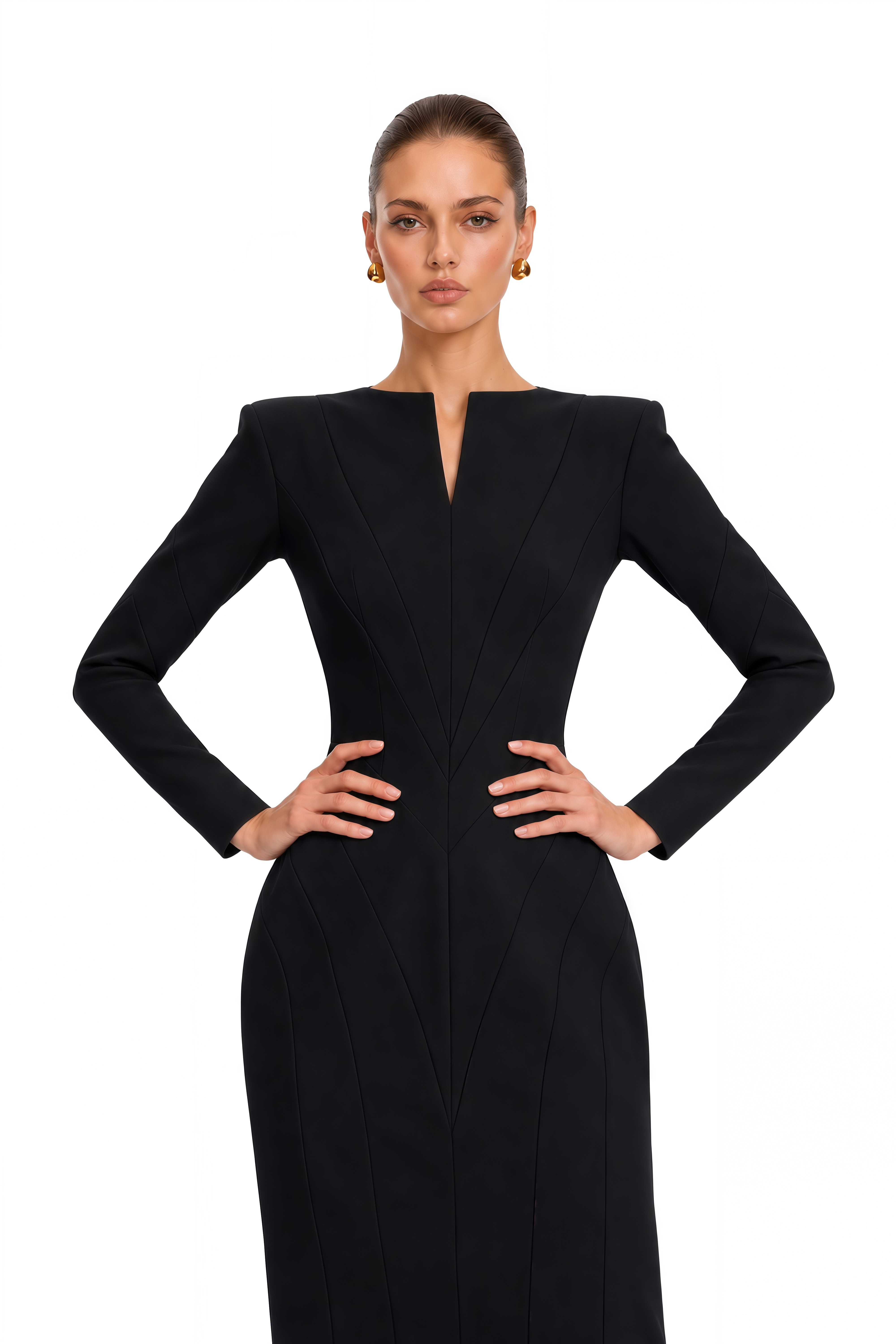 Marcella Black Sculpted Waist Long Sleeve Midi Dress