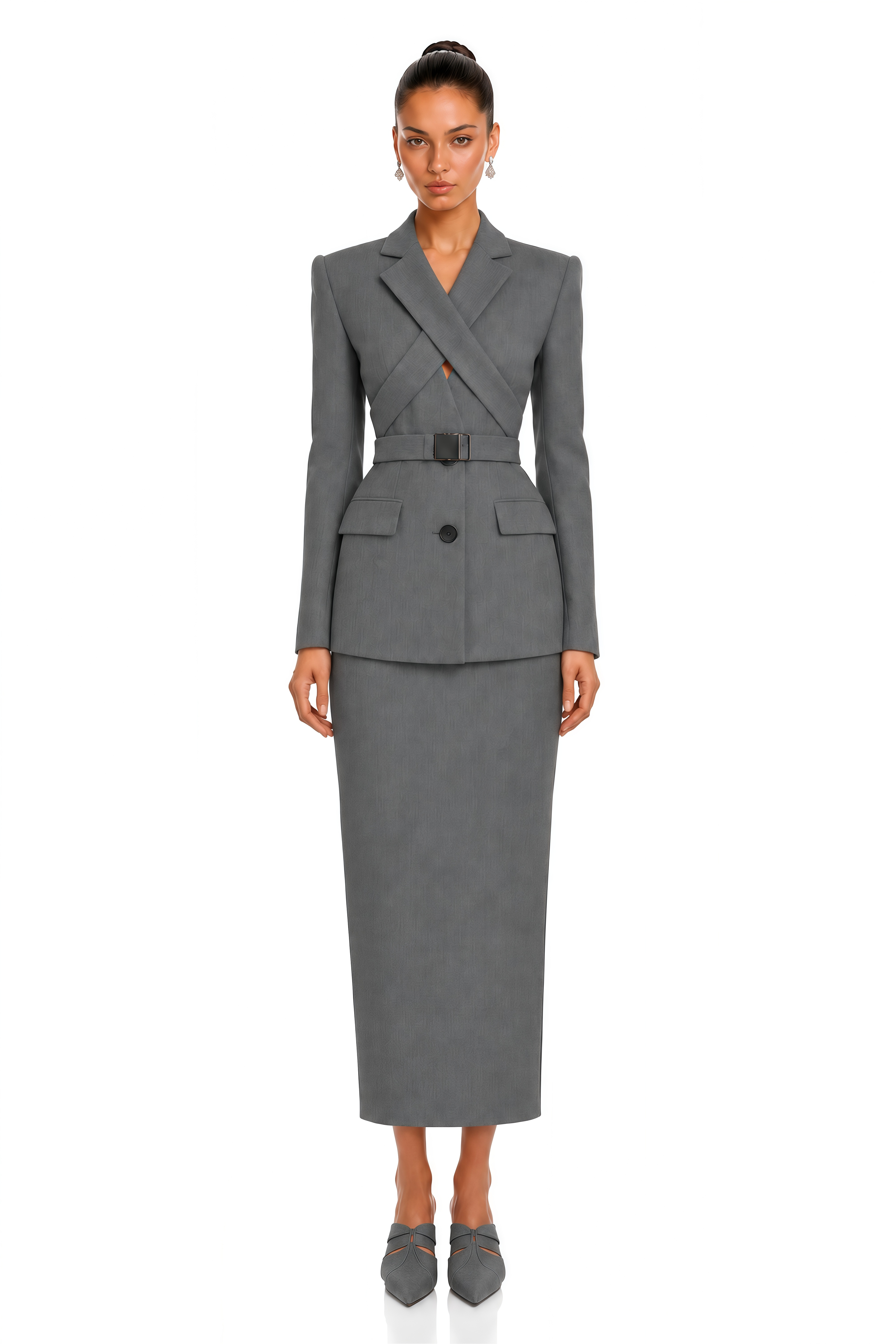 Marcella Grey Structured Blazer & Midi Skirt Set
