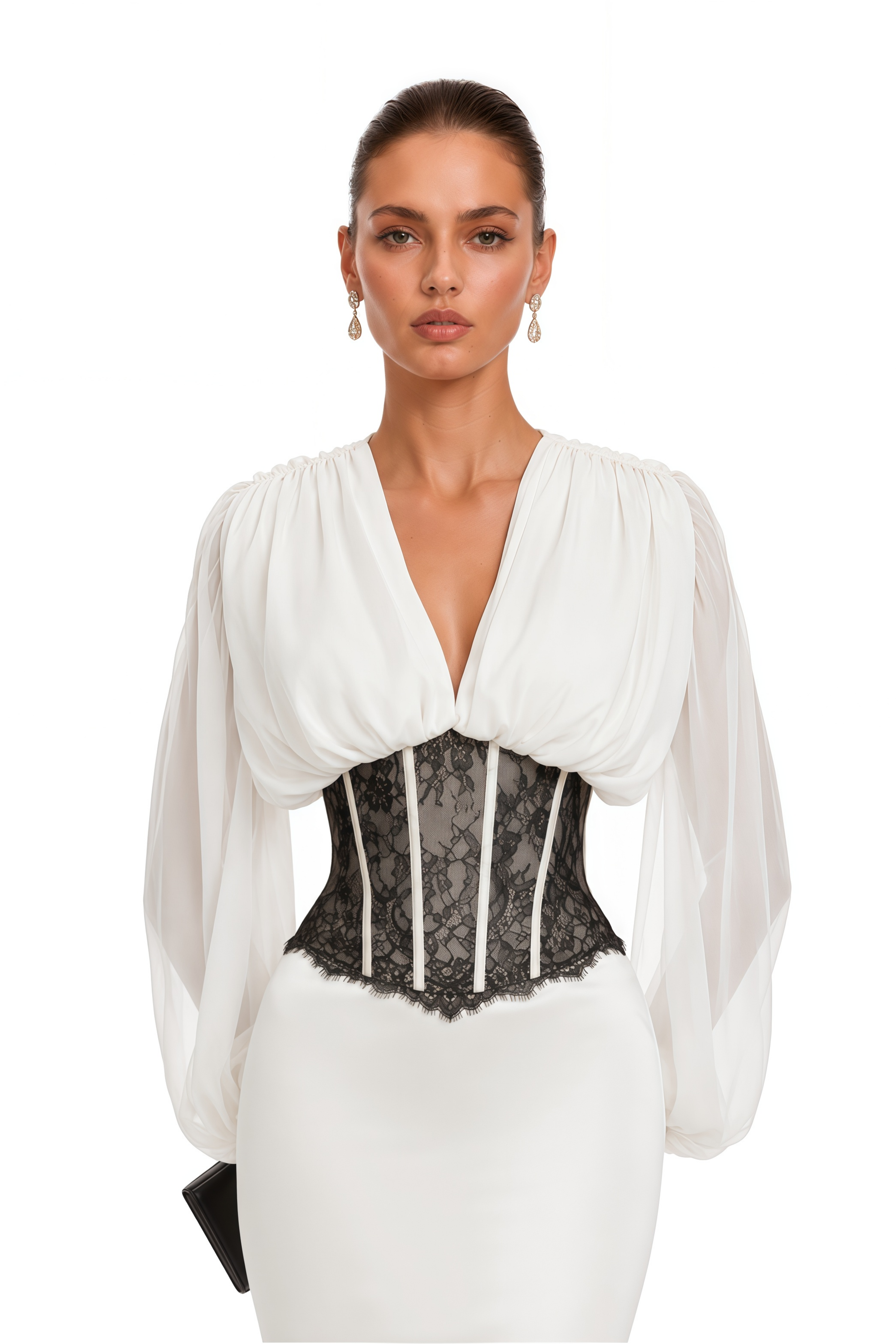 Marcelline White Corset Waist Long Sleeve Maxi Dress
