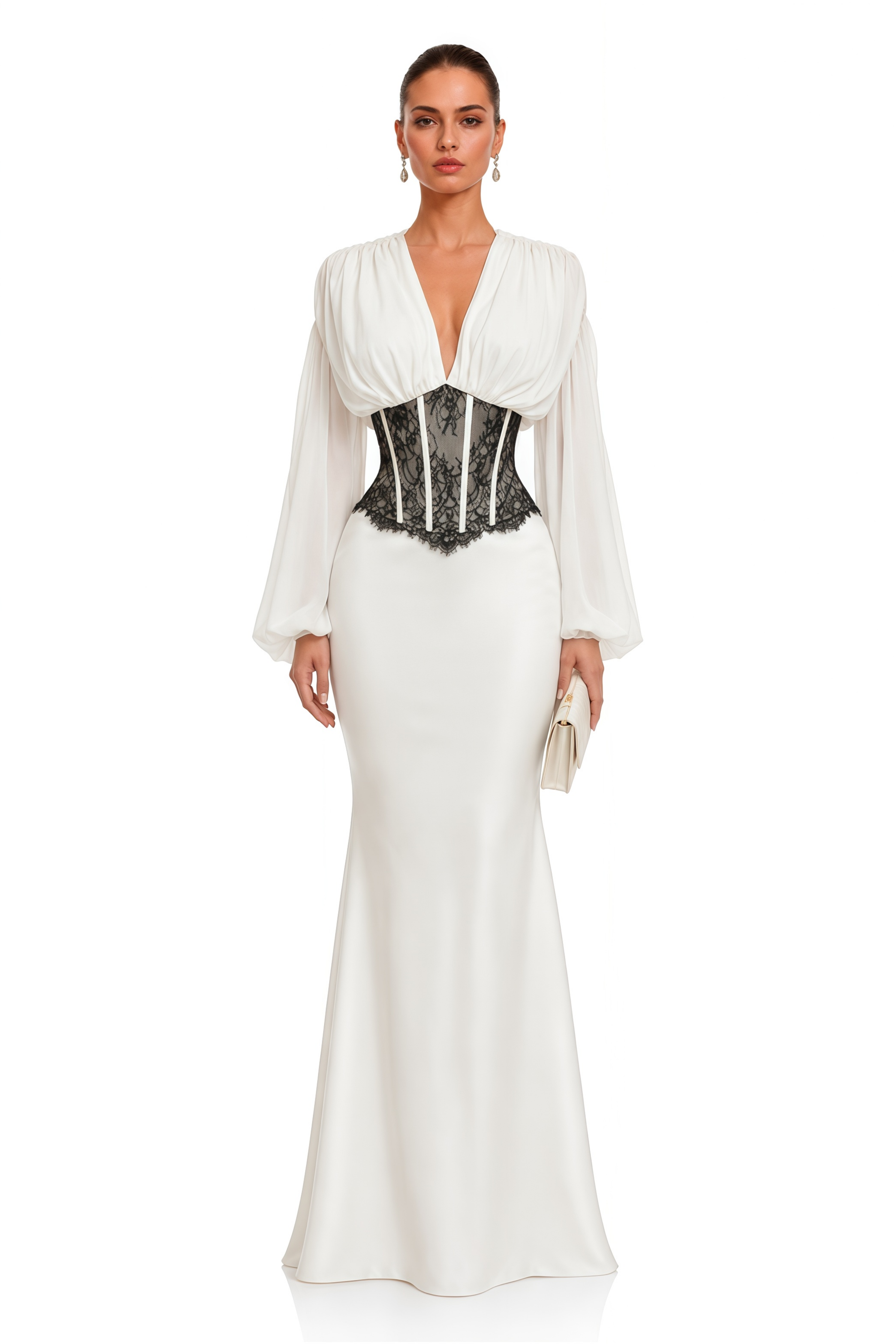 Marcelline White Corset Waist Long Sleeve Maxi Dress
