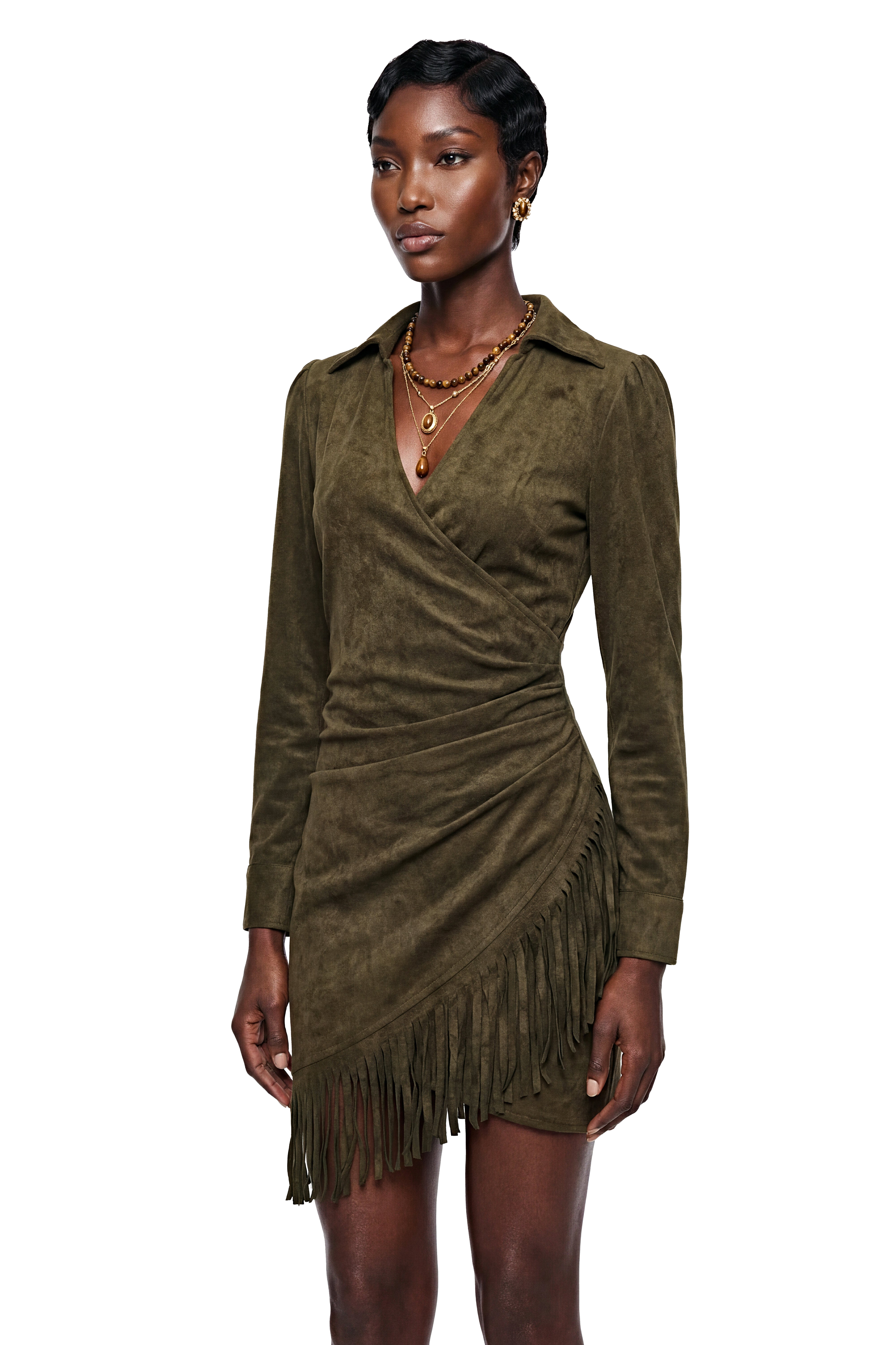 Margarete Green Faux Suede Mini Dress with Fringe