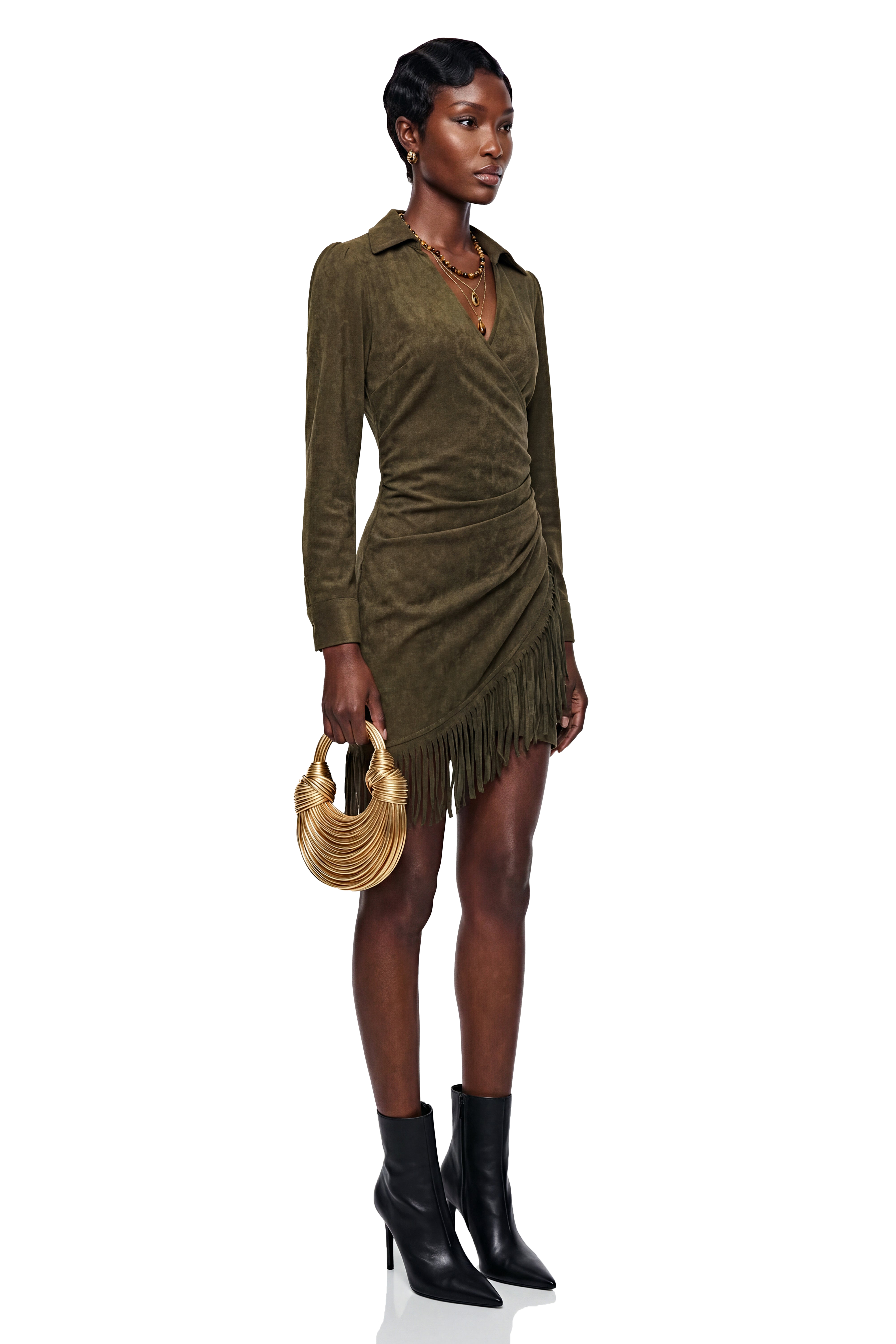Margarete Green Faux Suede Mini Dress with Fringe