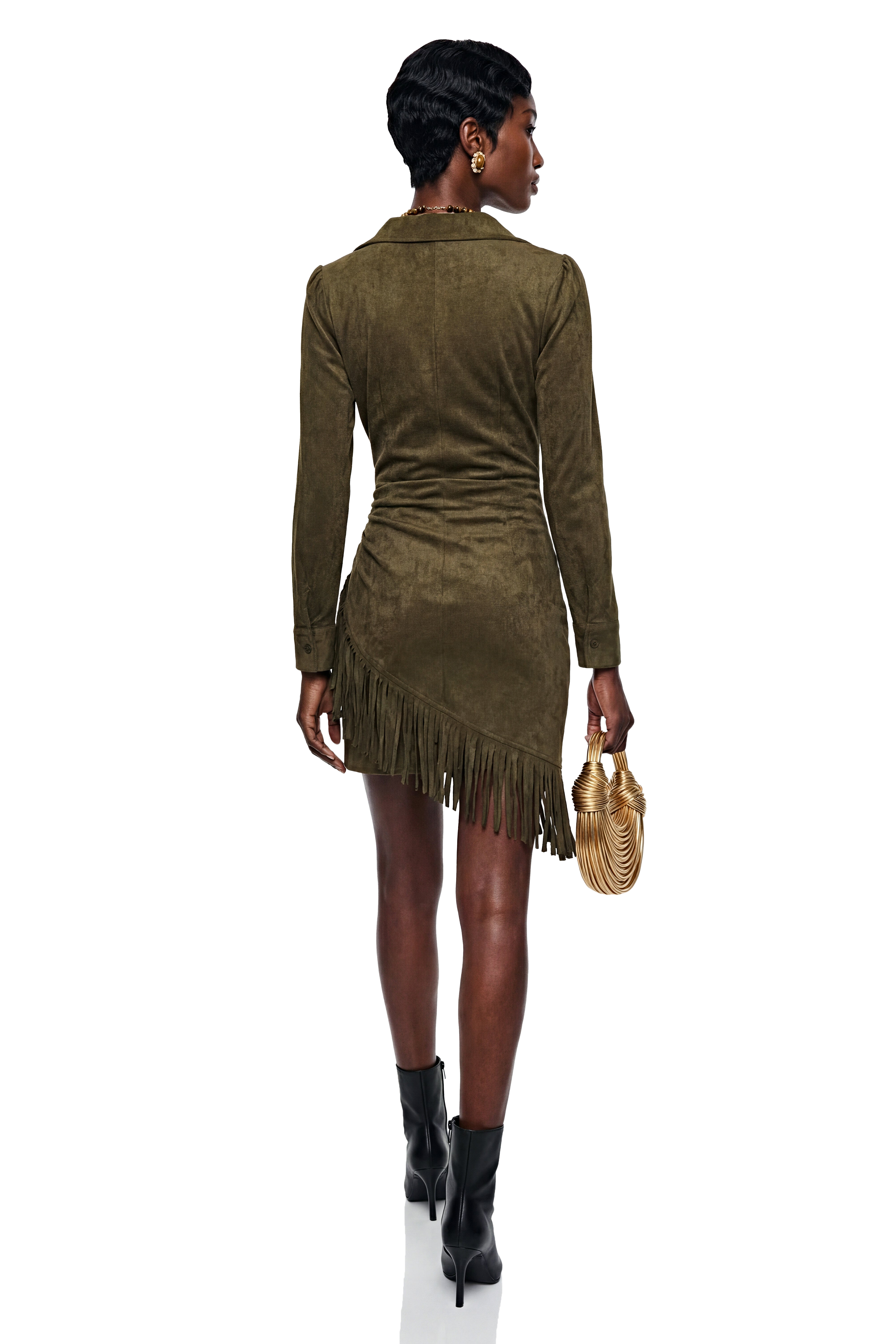 Margarete Green Faux Suede Mini Dress with Fringe