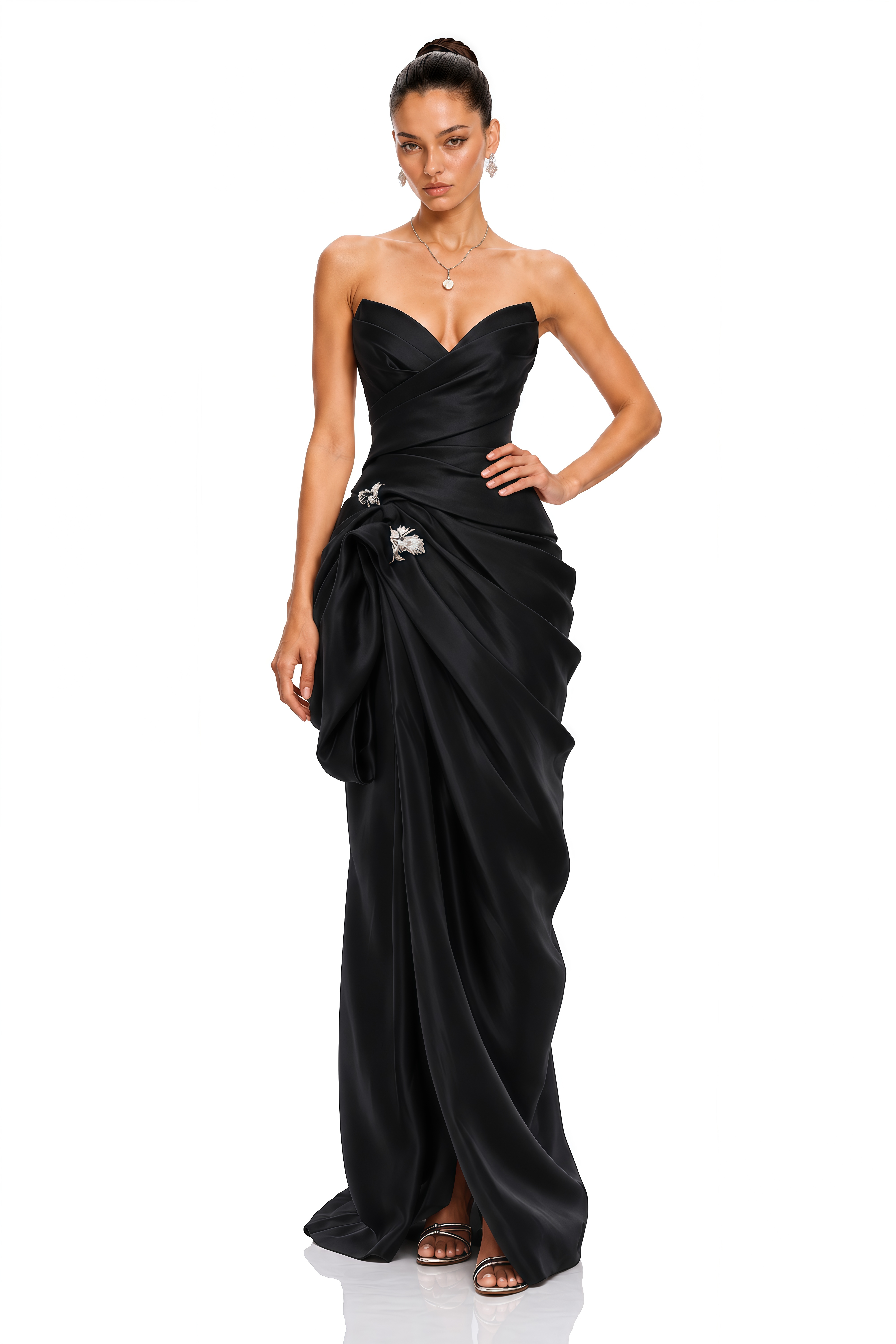 Margaux Black Draped Satin Strapless Maxi Dress