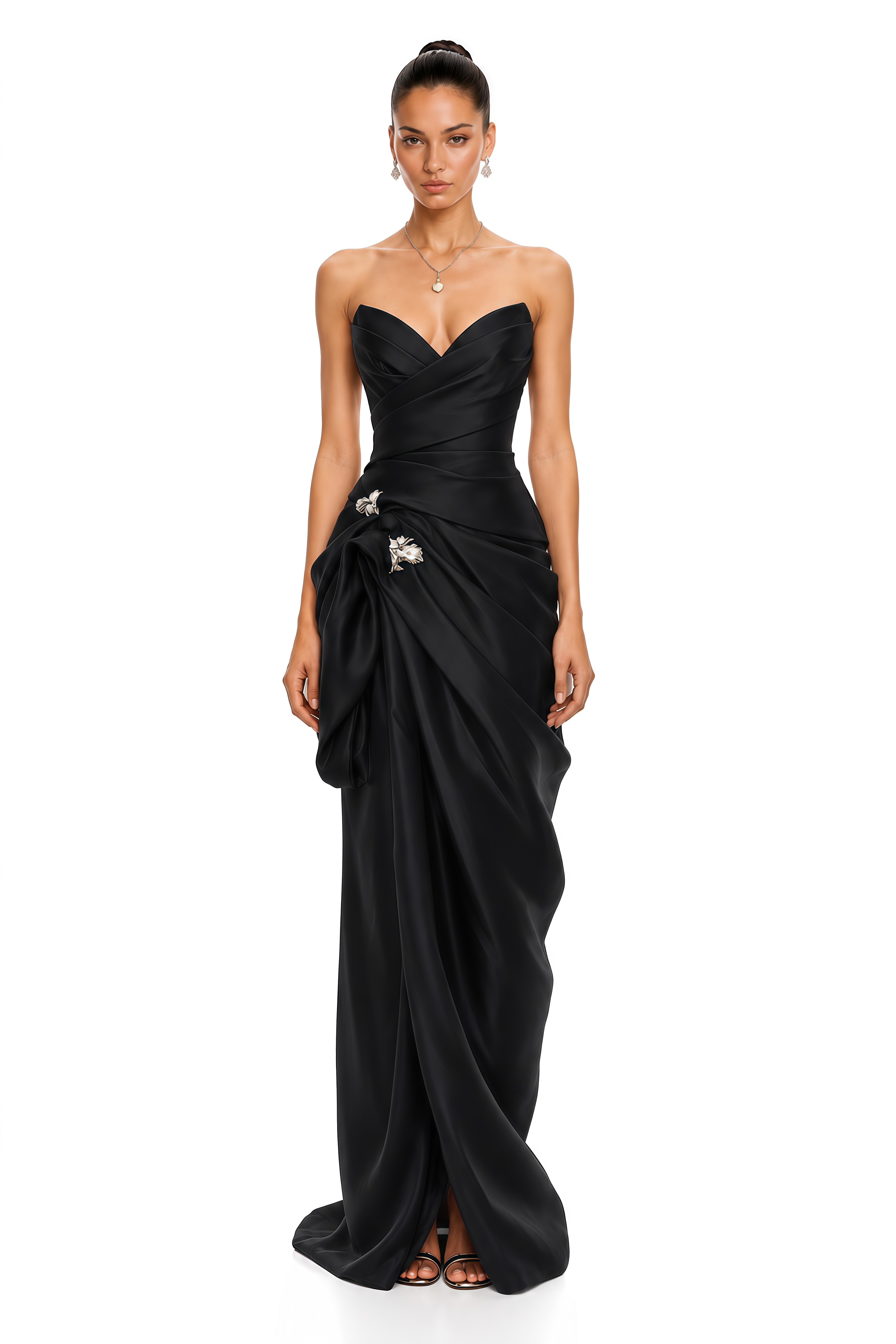 Margaux Black Draped Satin Strapless Maxi Dress