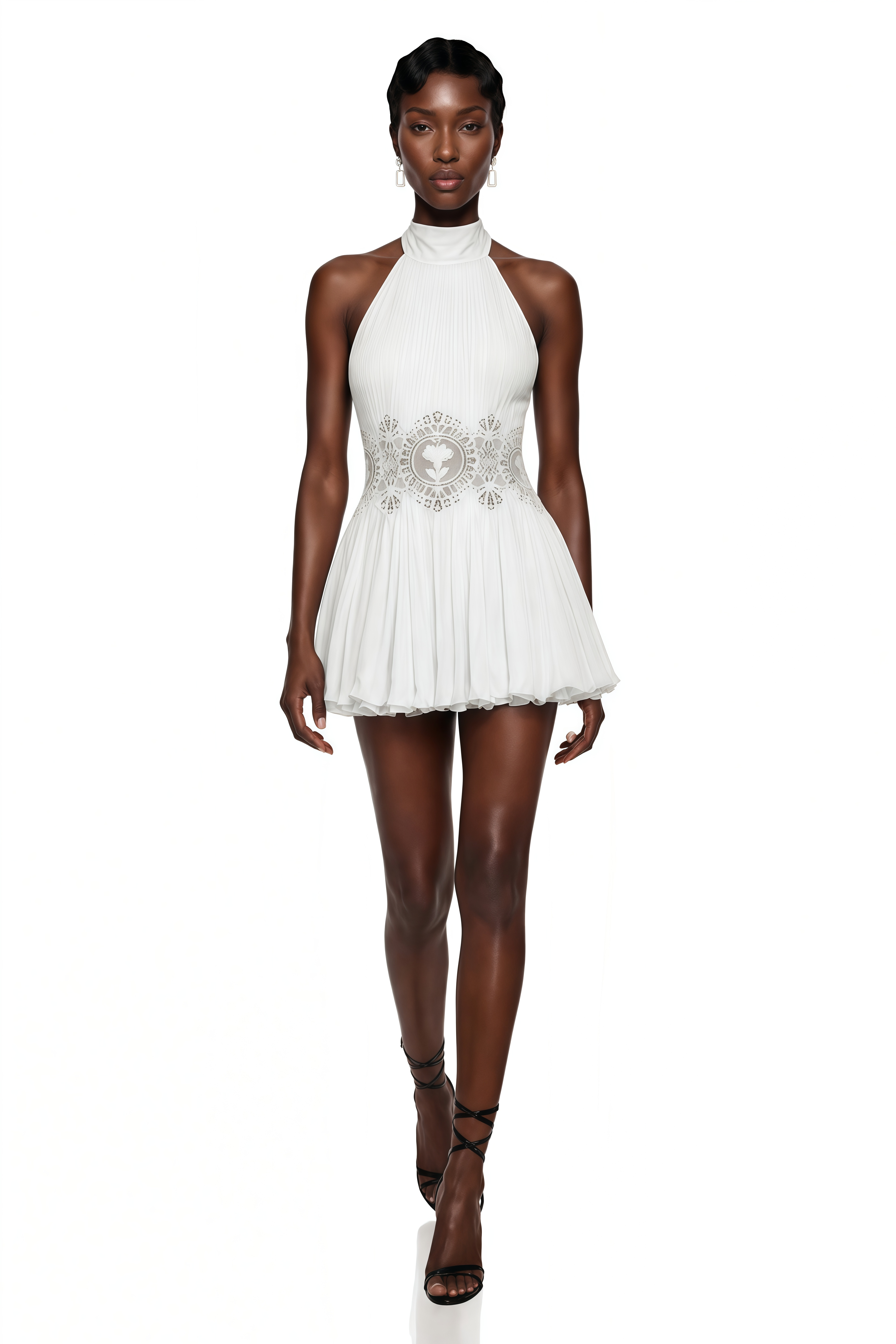Mariana White Pleated Mini Dress with Lace Panels