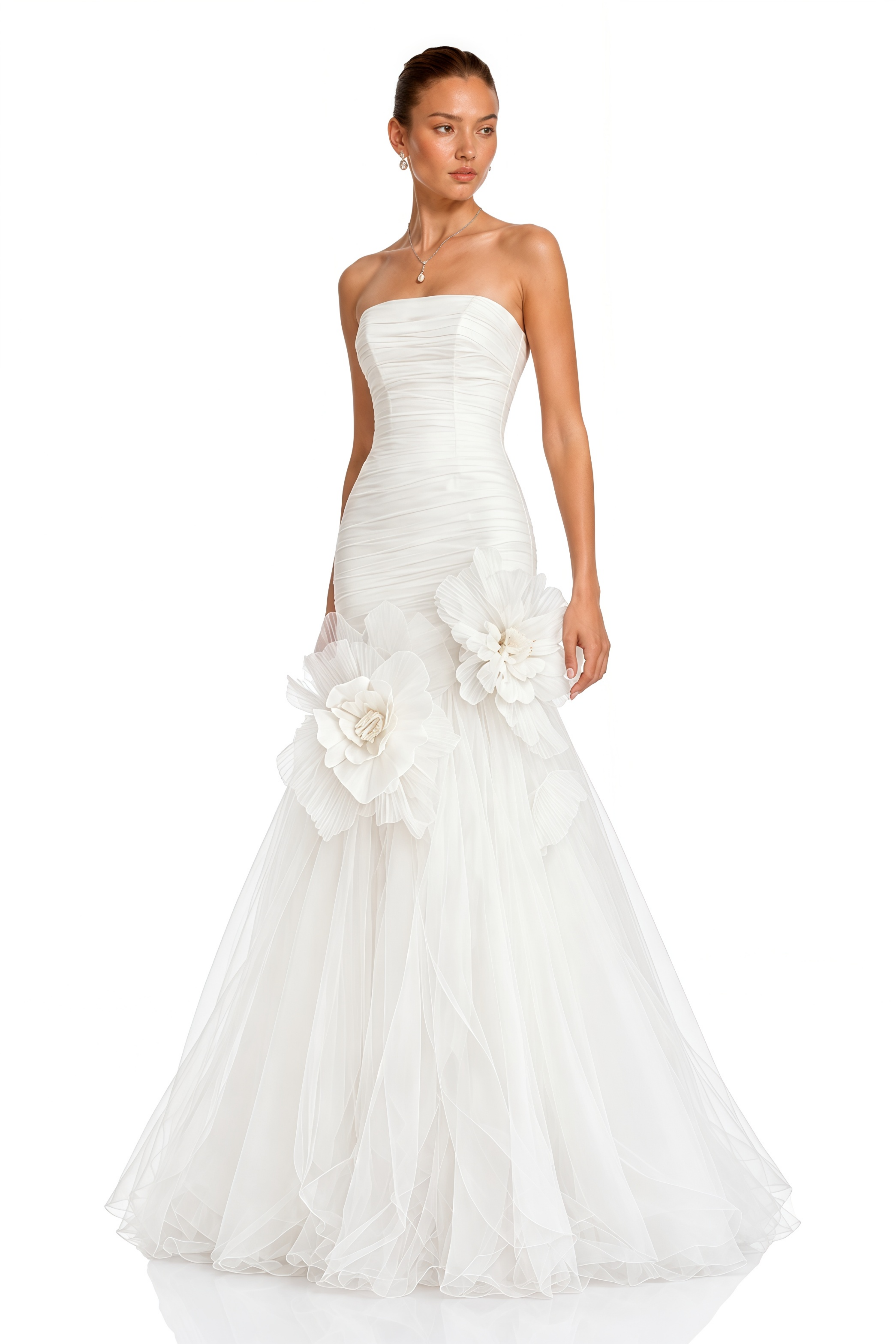 Maribel White Floral Applique Pleated Maxi Dress