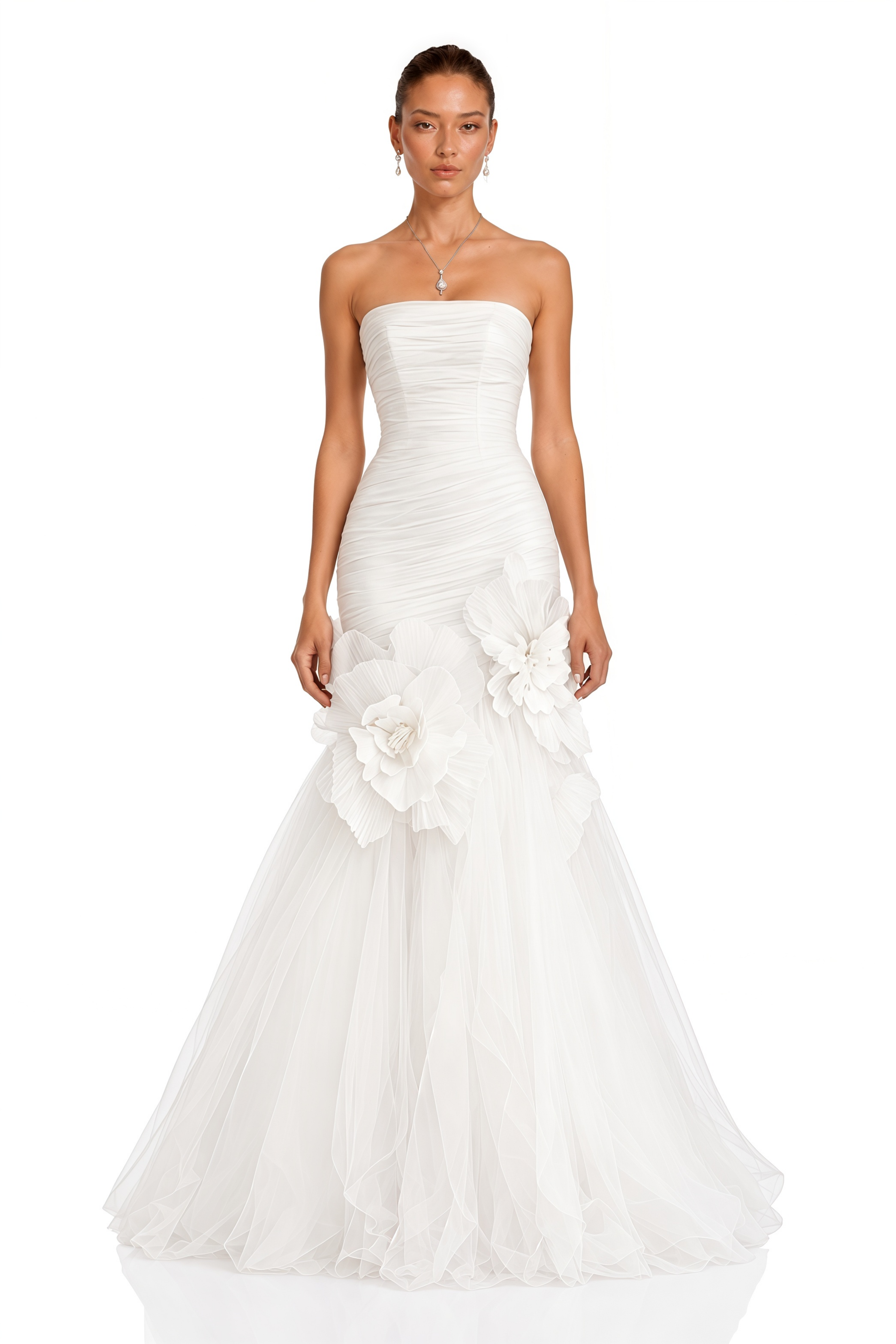 Maribel White Floral Applique Pleated Maxi Dress