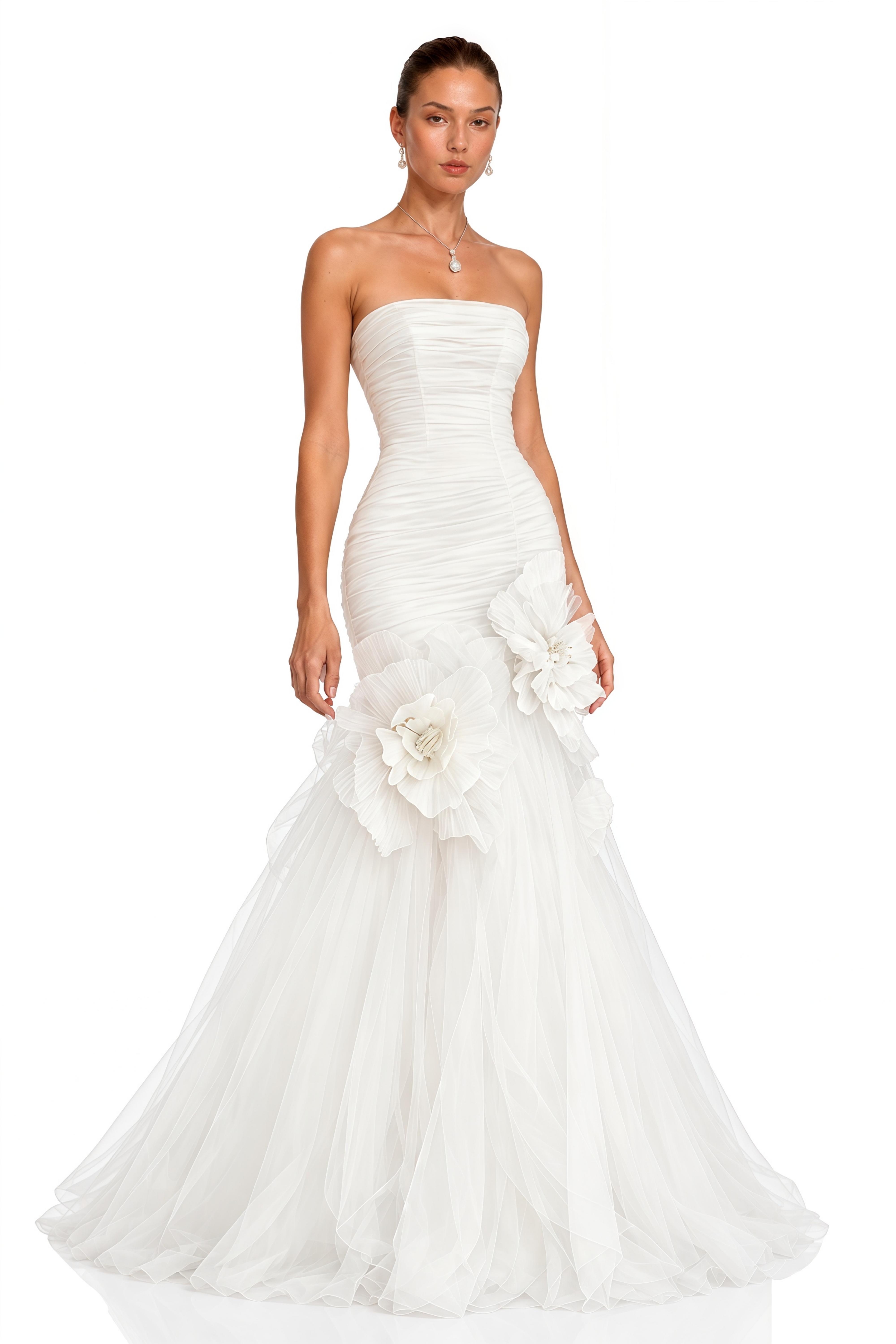 Maribel White Floral Applique Pleated Maxi Dress