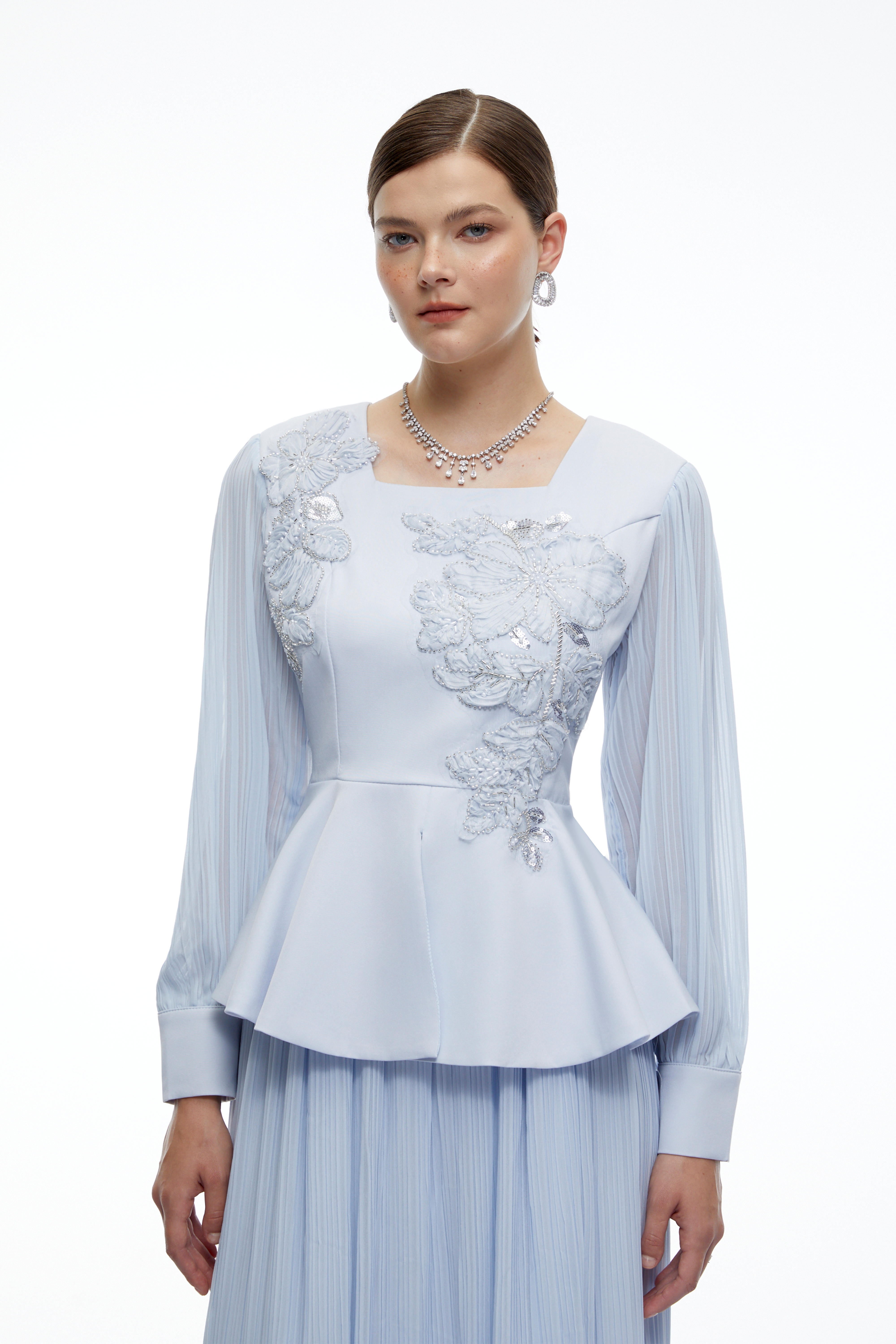 Marielle Blue Embroidered Peplum Top & Skirt Set