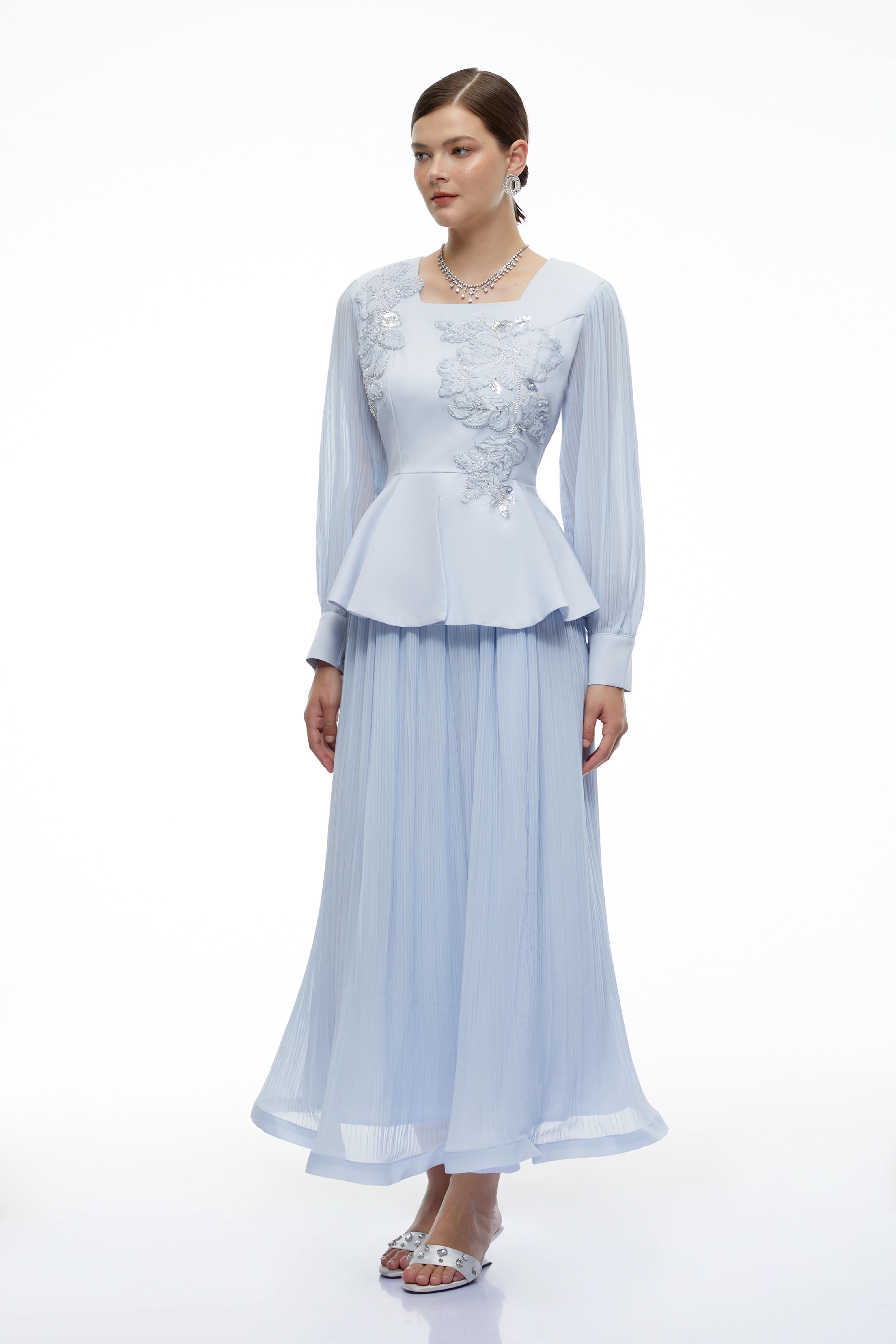 Marielle Blue Embroidered Peplum Top & Skirt Set