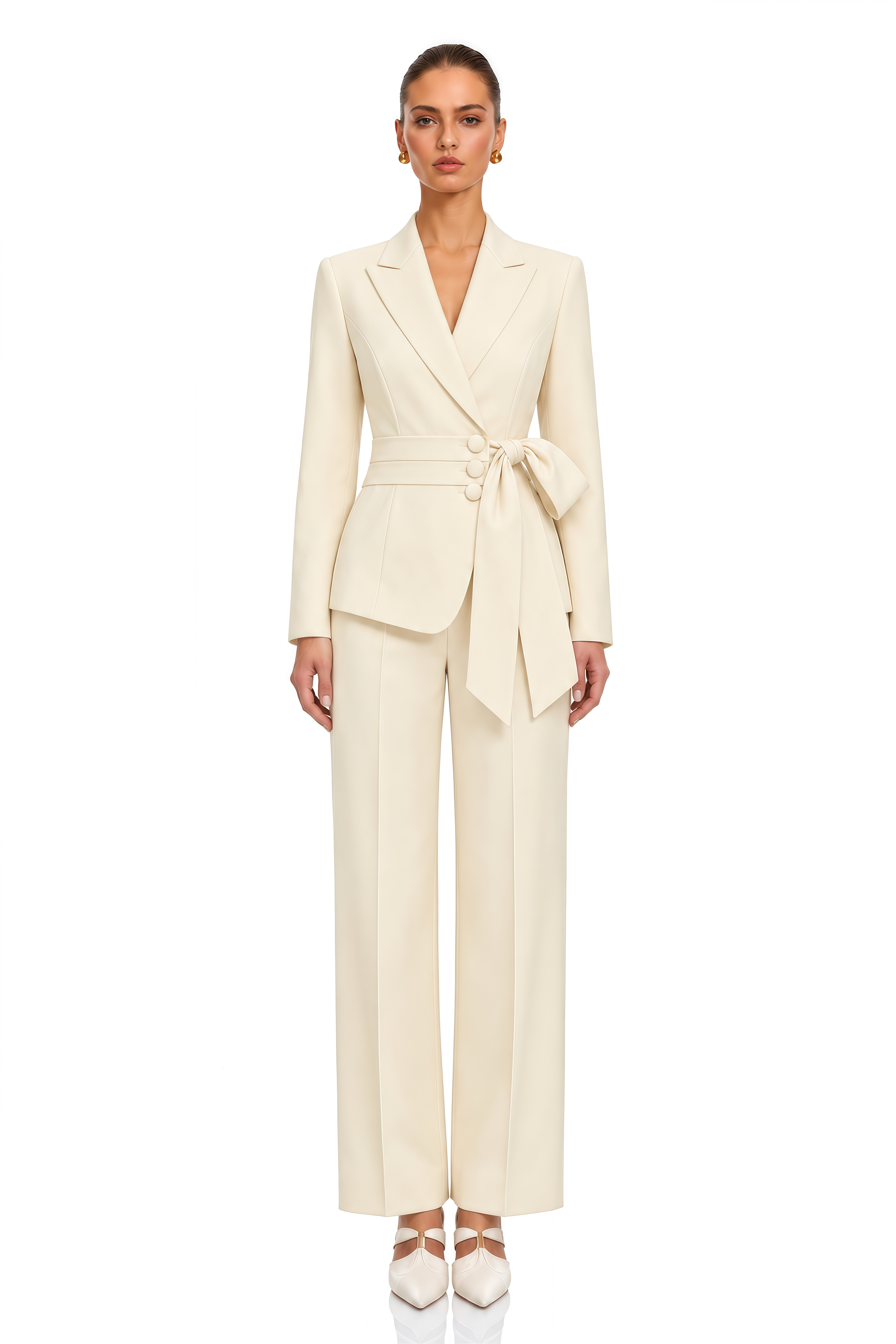 Marielle Cream Bow Waist Blazer & Straight Leg Trousers Set
