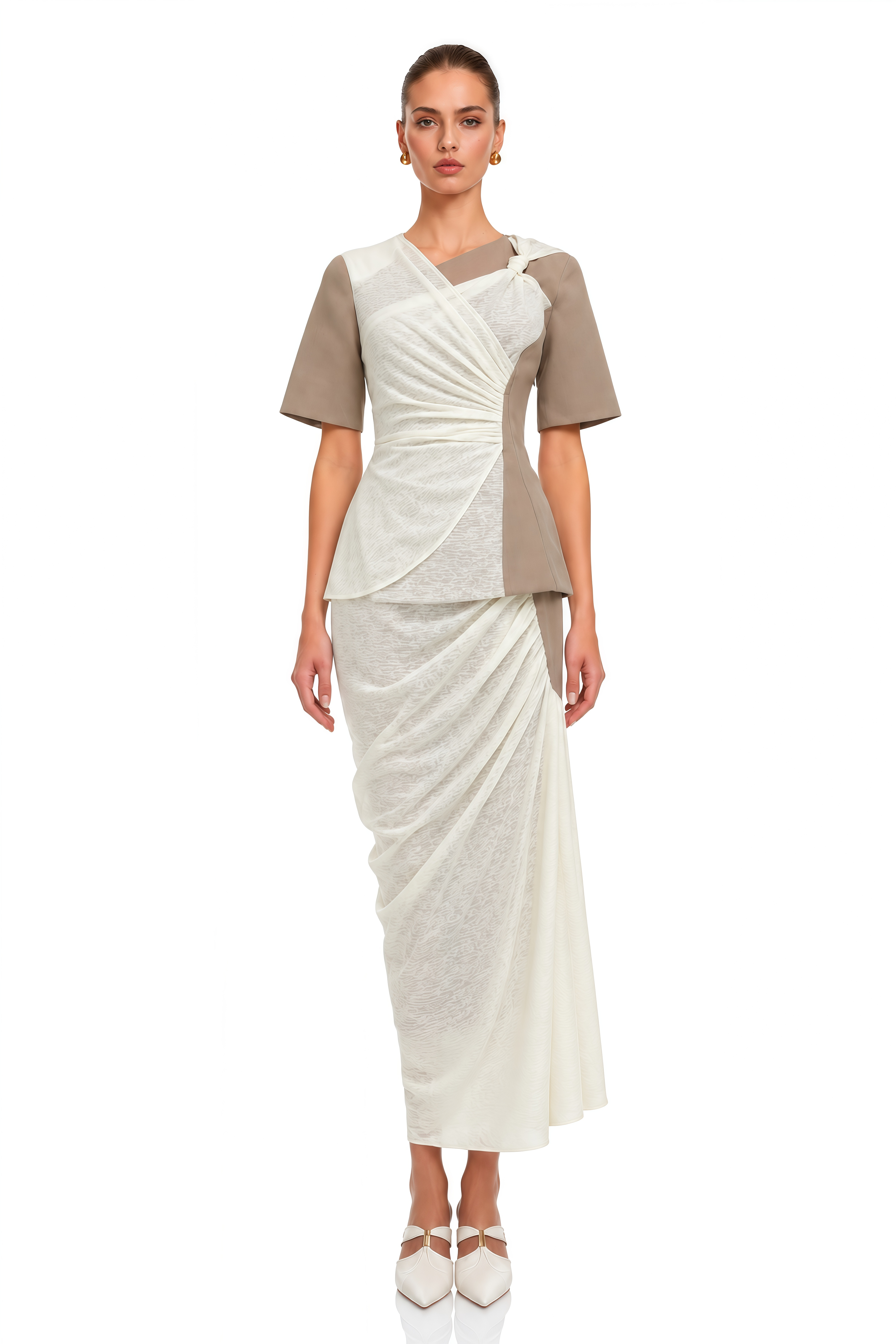 Marion Beige Draped Top & Midi Skirt Set