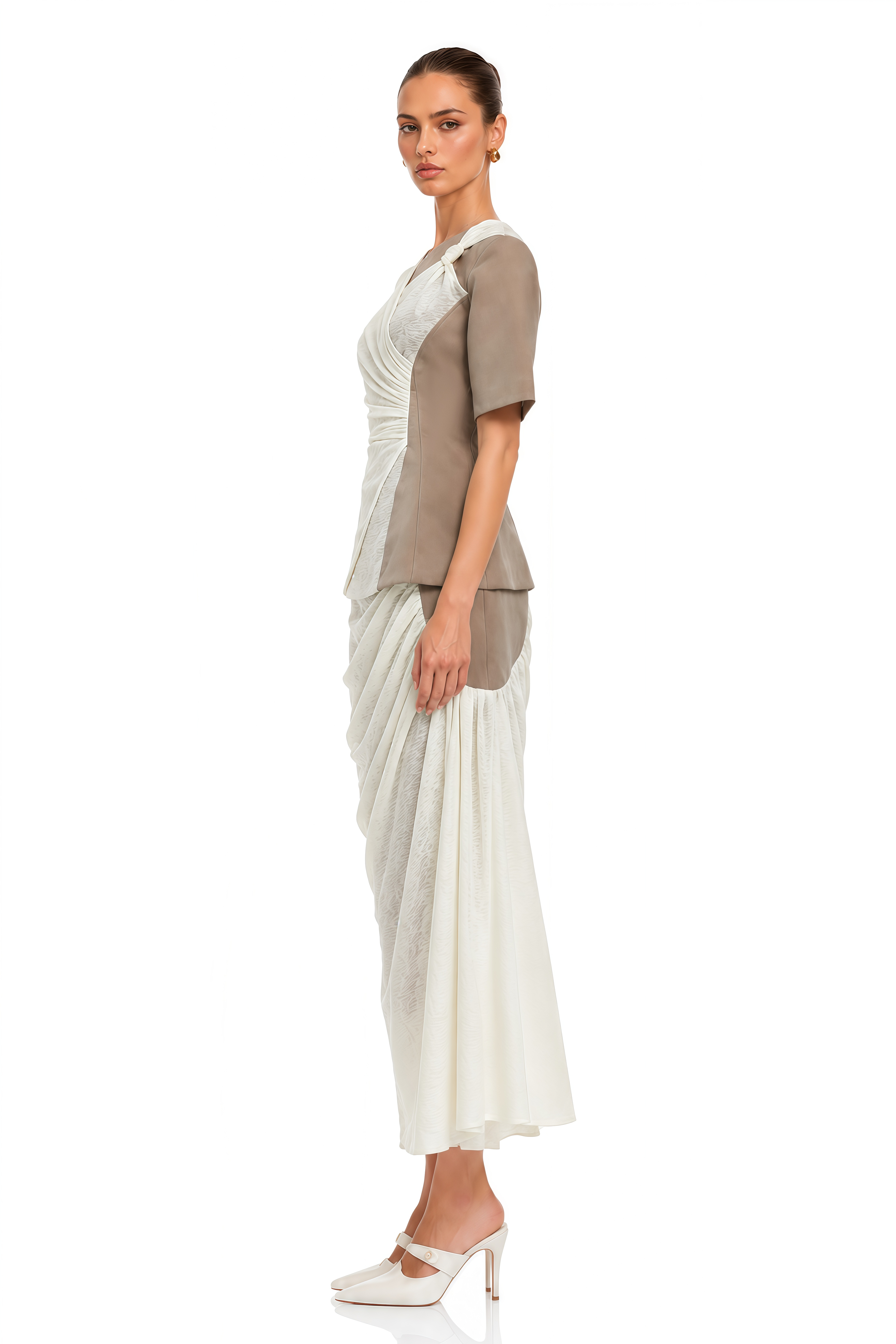 Marion Beige Draped Top & Midi Skirt Set