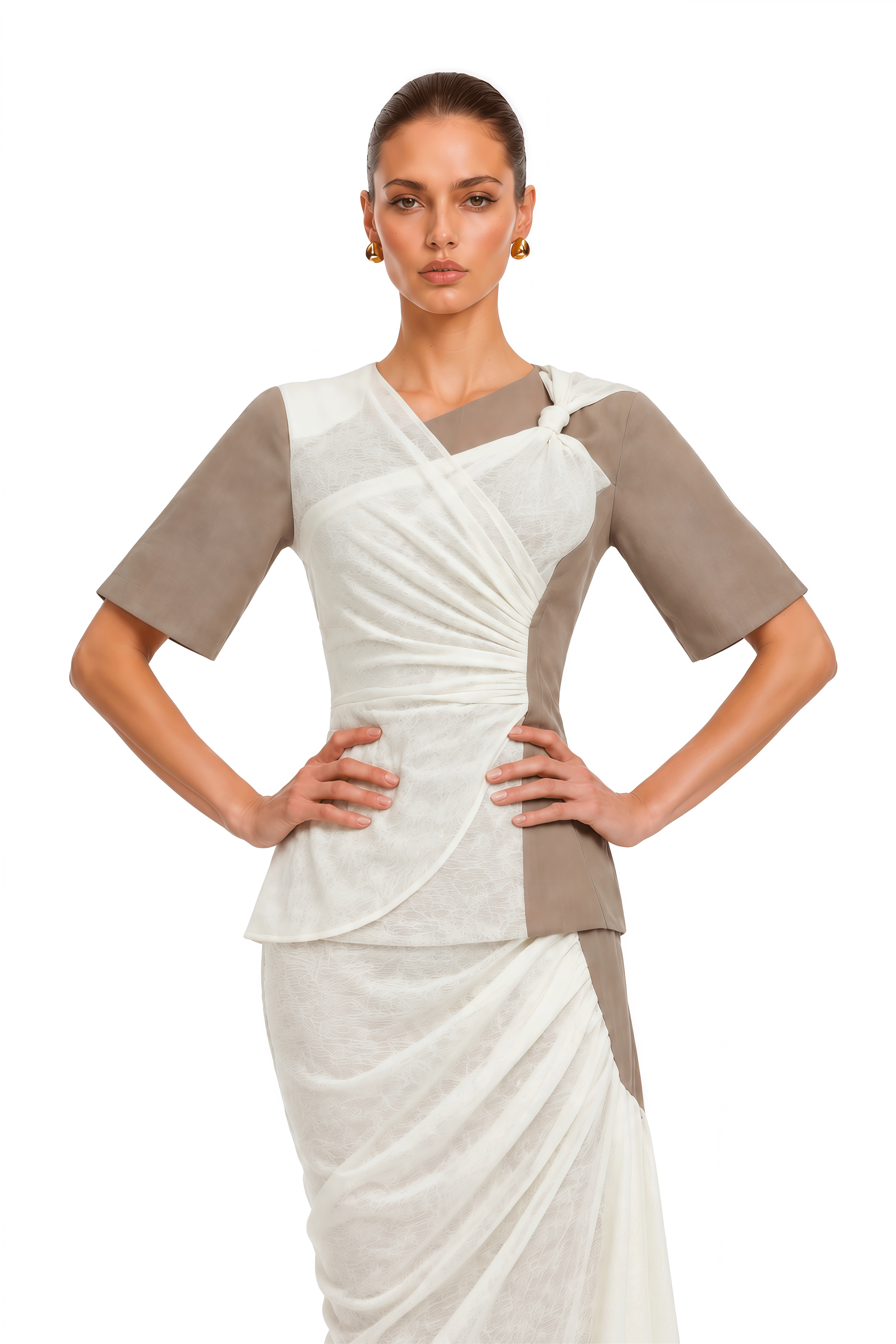 Marion Beige Draped Top & Midi Skirt Set