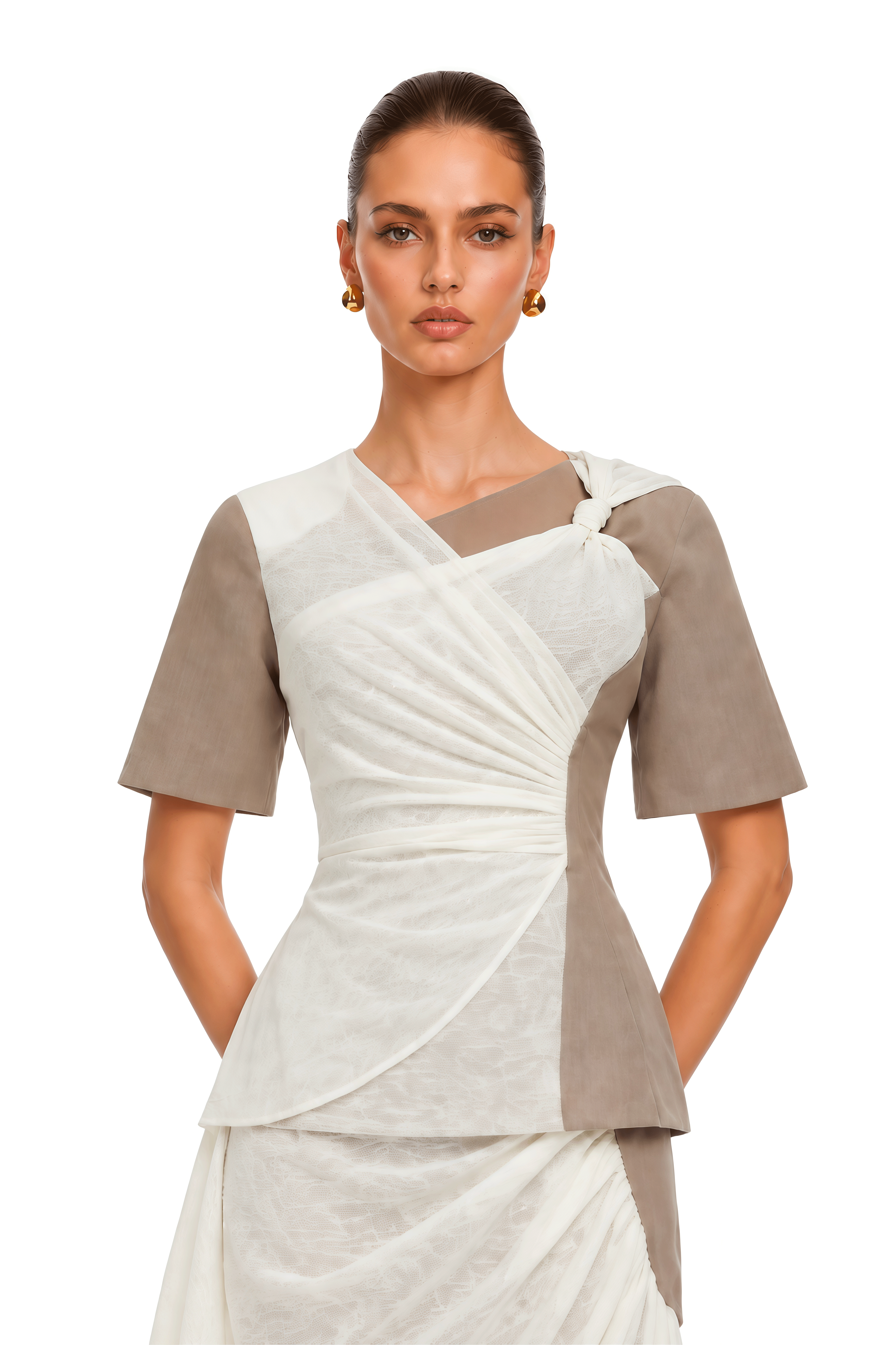 Marion Beige Draped Top & Midi Skirt Set
