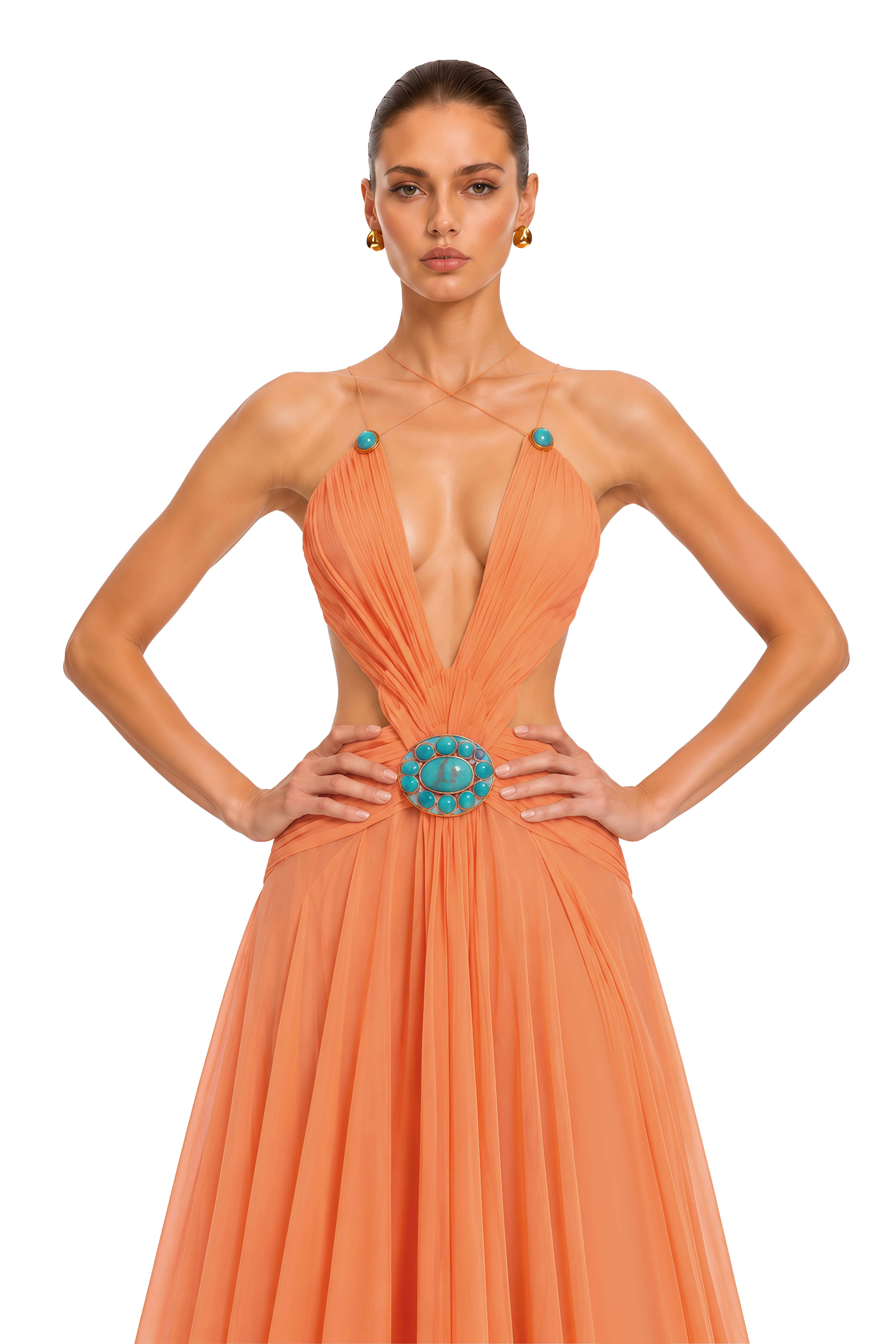Marisol Orange Embellished Cut-Out Halter Maxi Dress