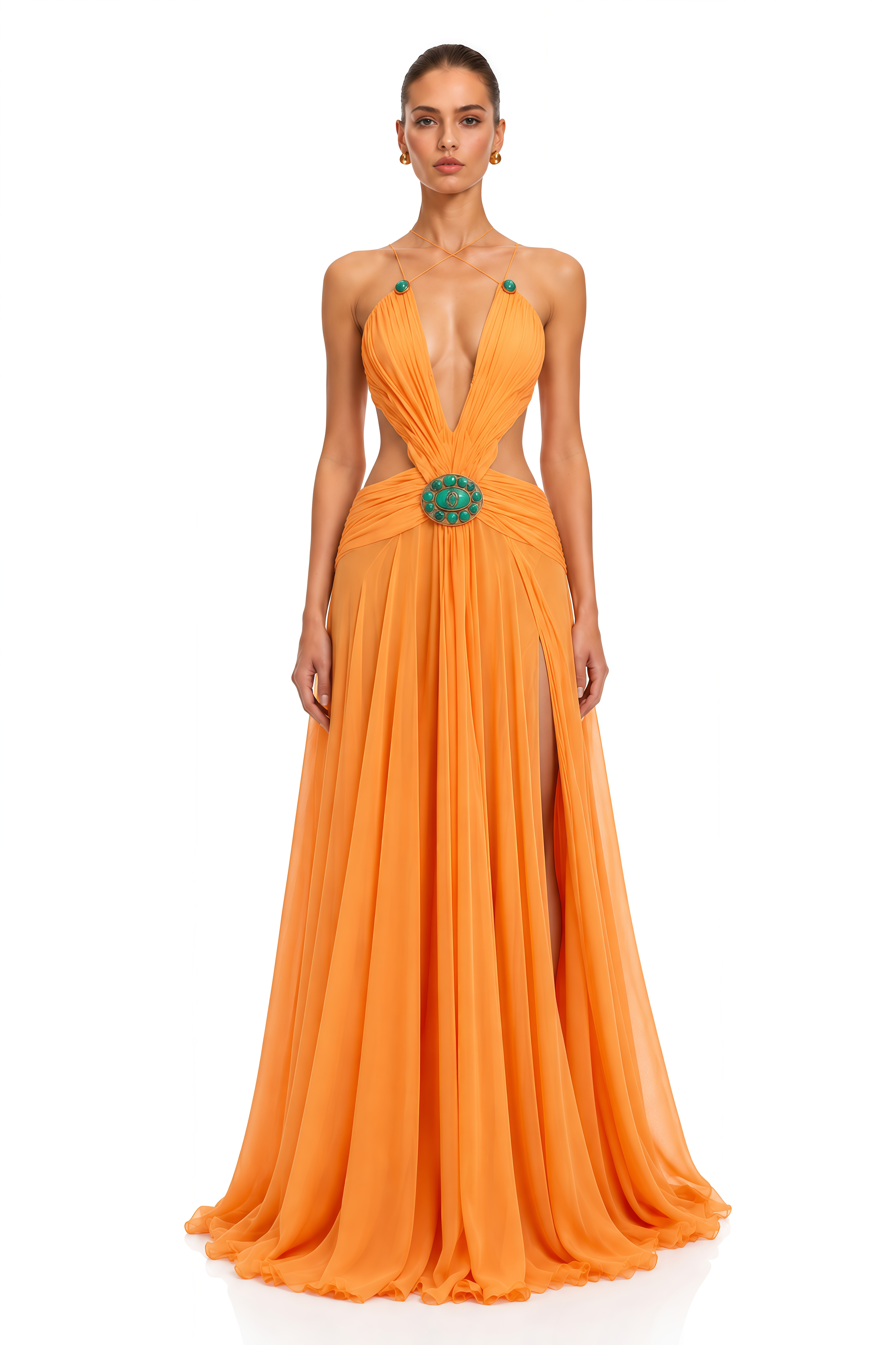 Marisol Orange Embellished Cut-Out Halter Maxi Dress