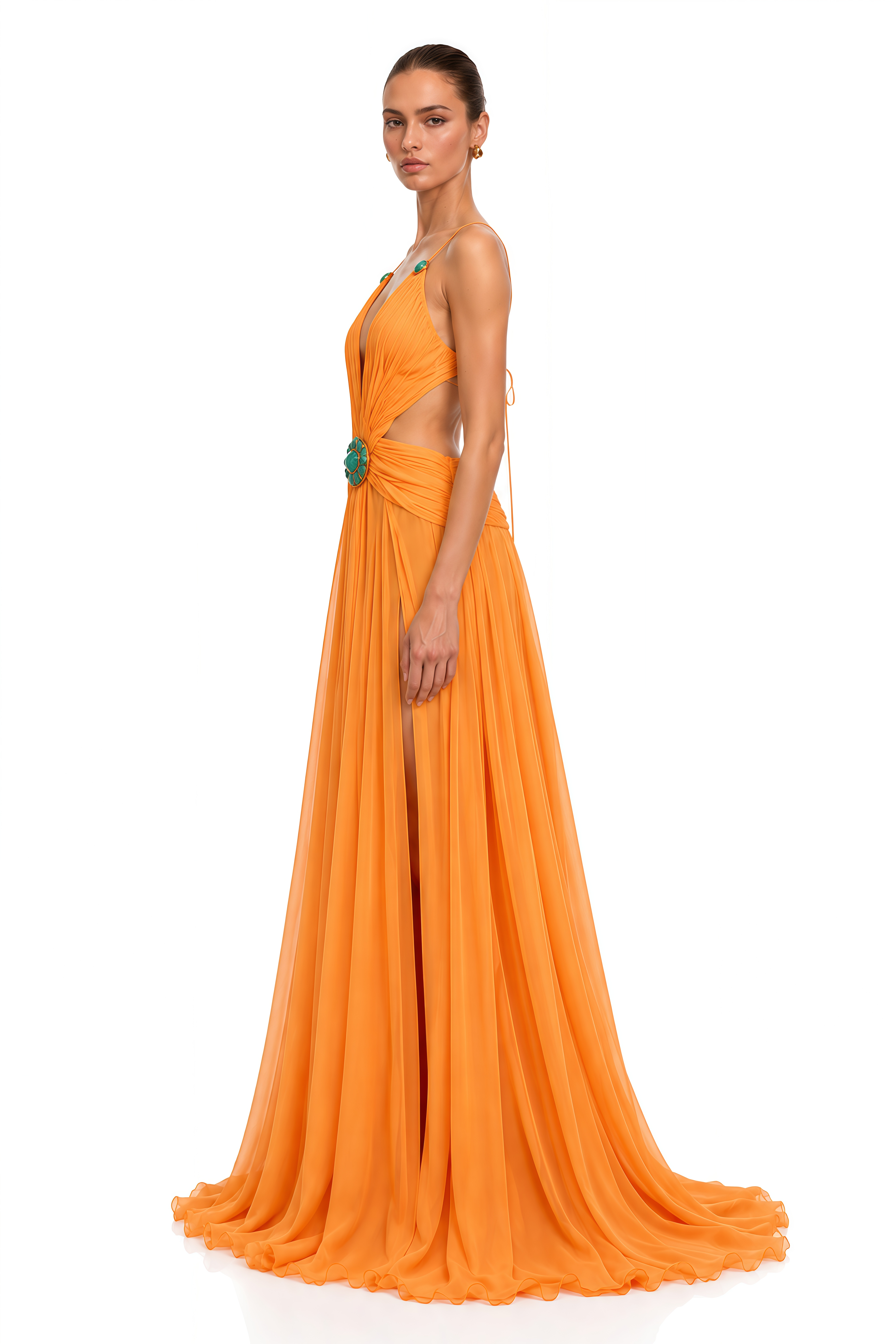 Marisol Orange Embellished Cut-Out Halter Maxi Dress