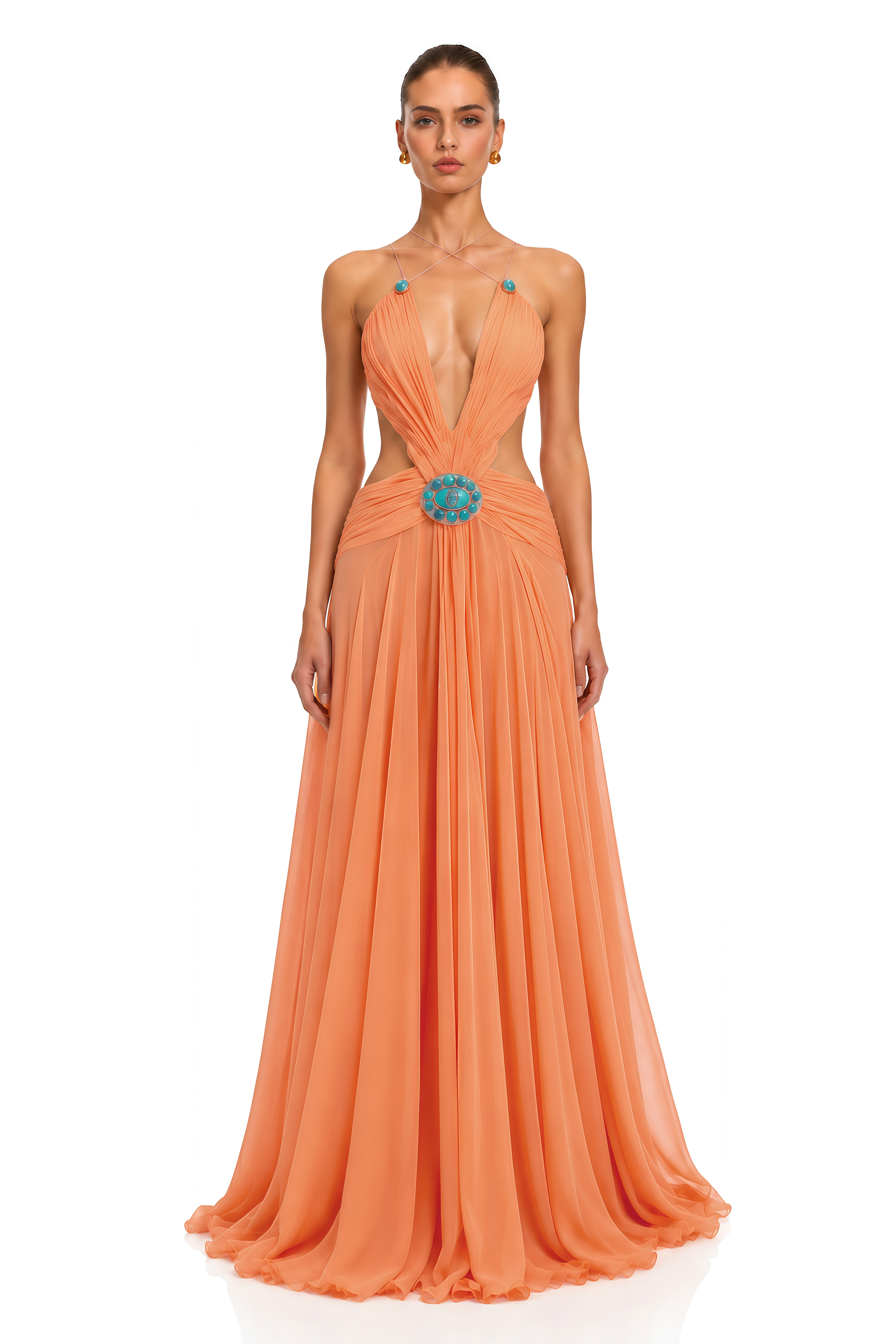 Marisol Orange Embellished Cut-Out Halter Maxi Dress