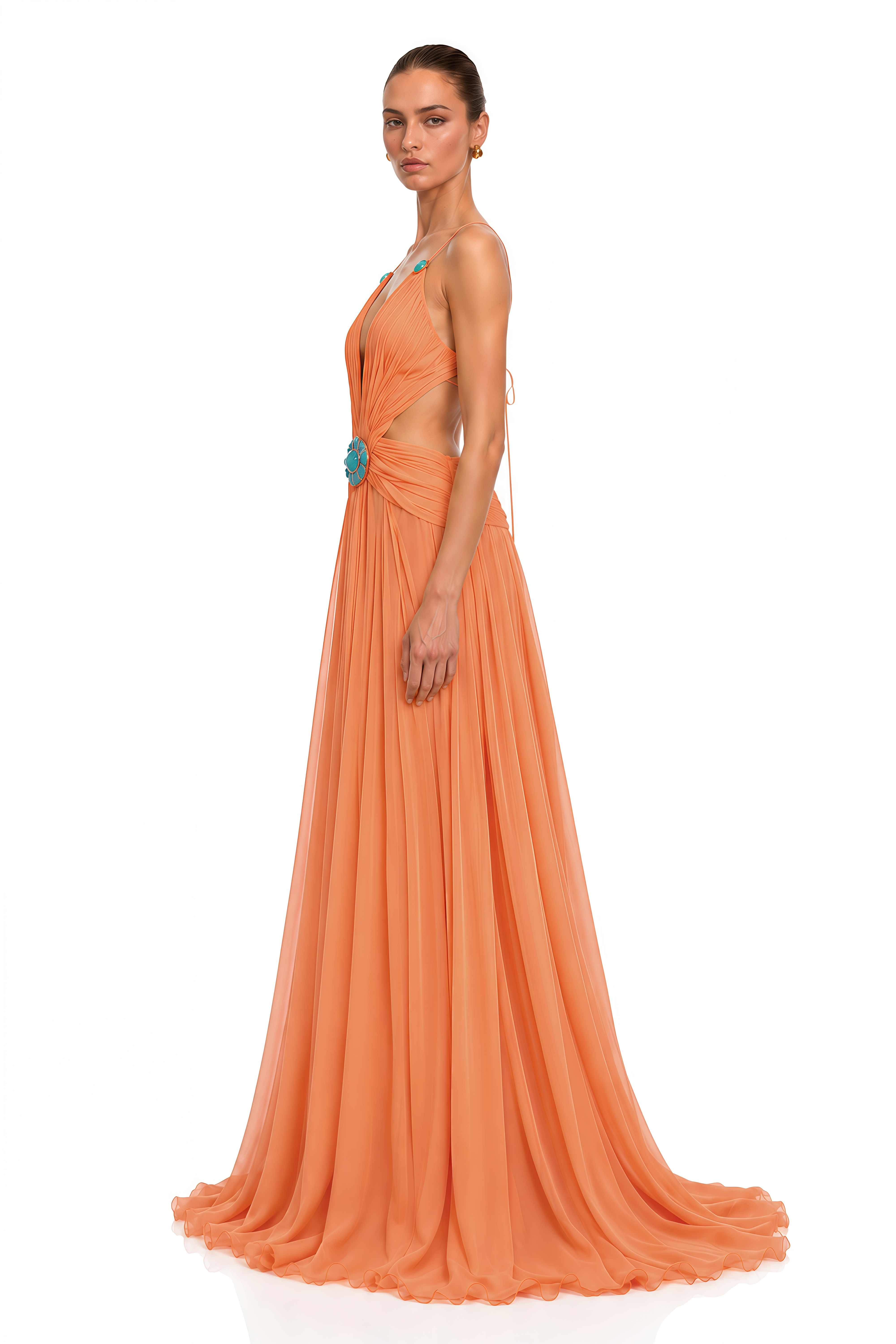 Marisol Orange Embellished Cut-Out Halter Maxi Dress