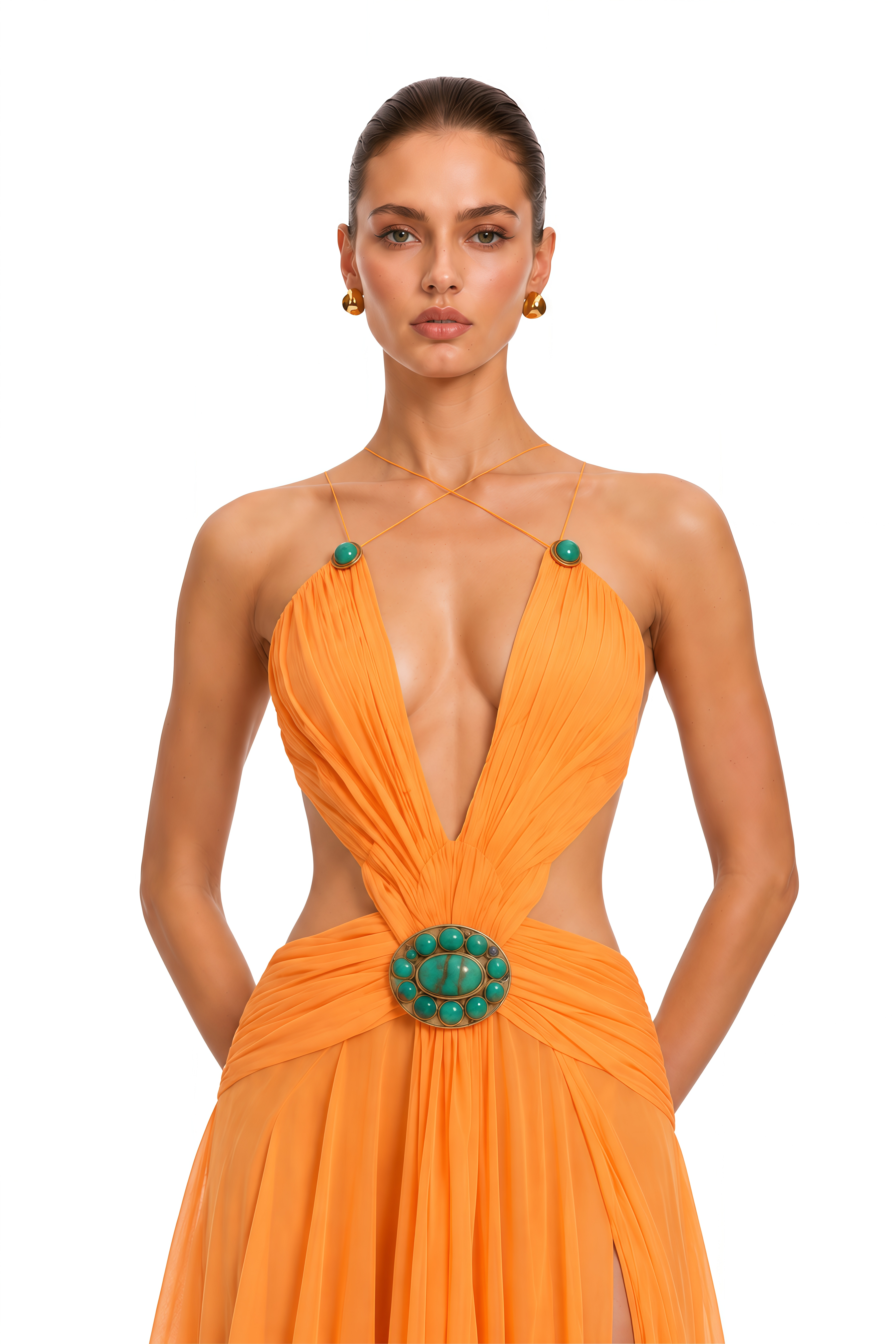 Marisol Orange Embellished Cut-Out Halter Maxi Dress