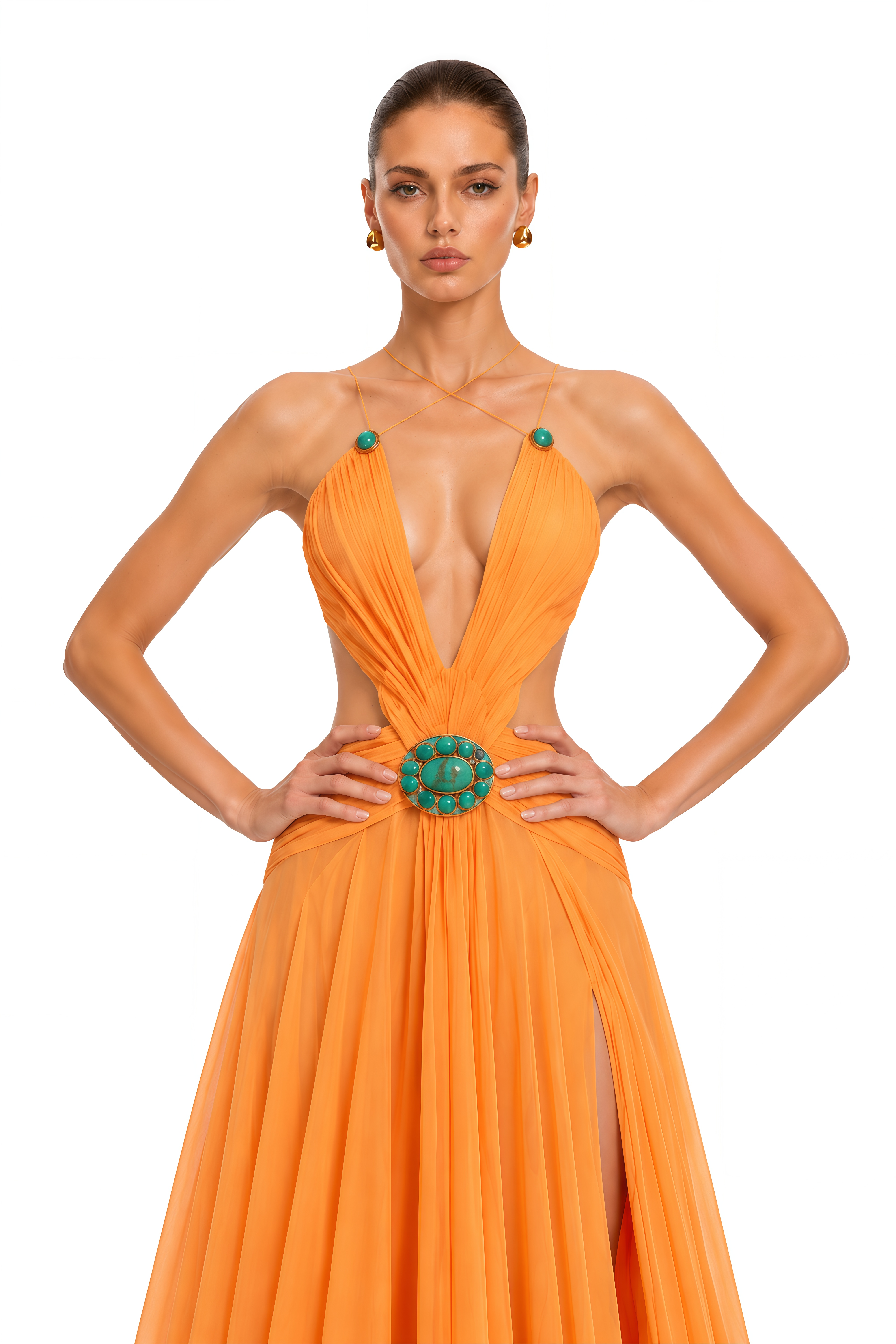 Marisol Orange Embellished Cut-Out Halter Maxi Dress